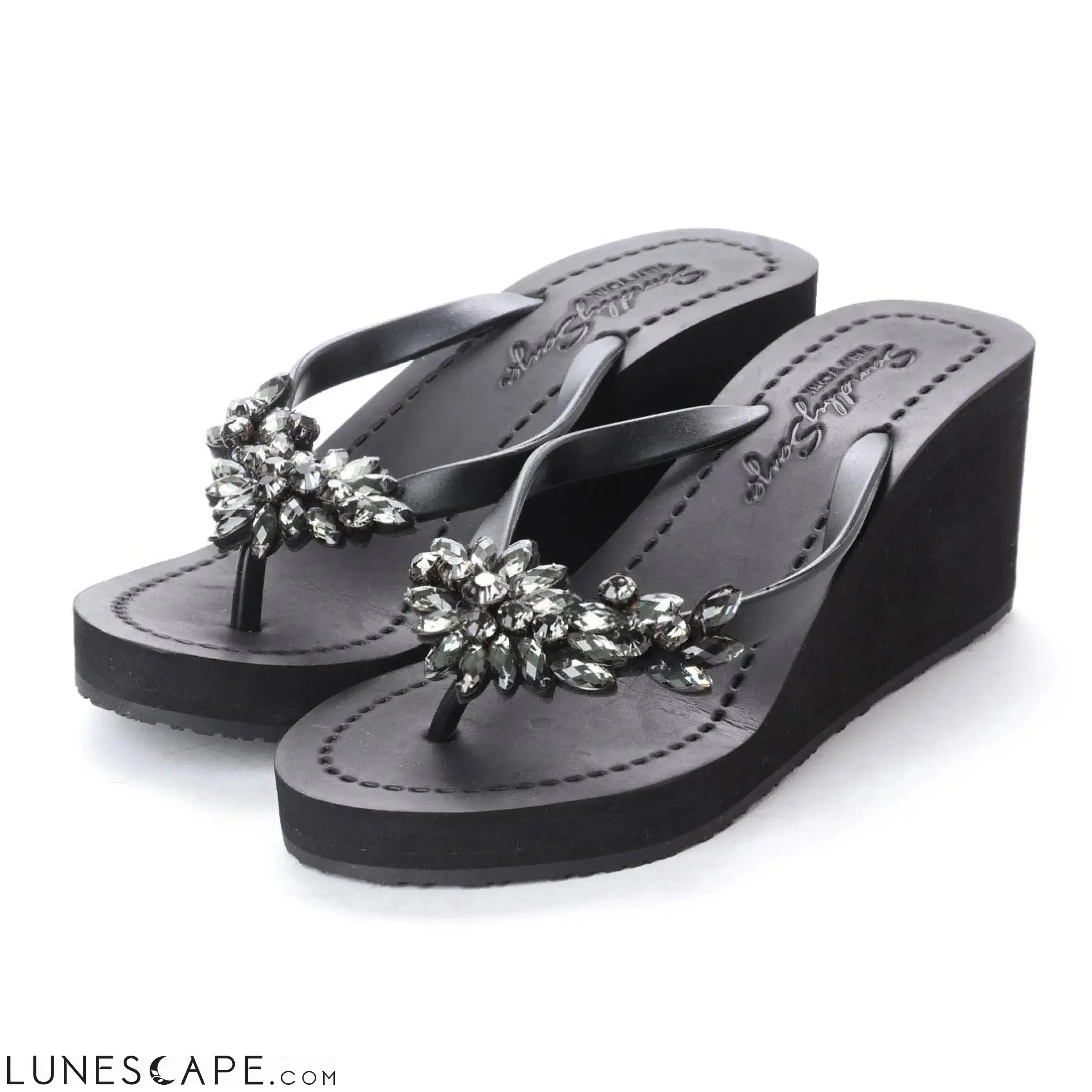 Manhattan Black- Crystal Rhinestone Embellished High Wedge Flip Flops Sandal LUNESCAPE