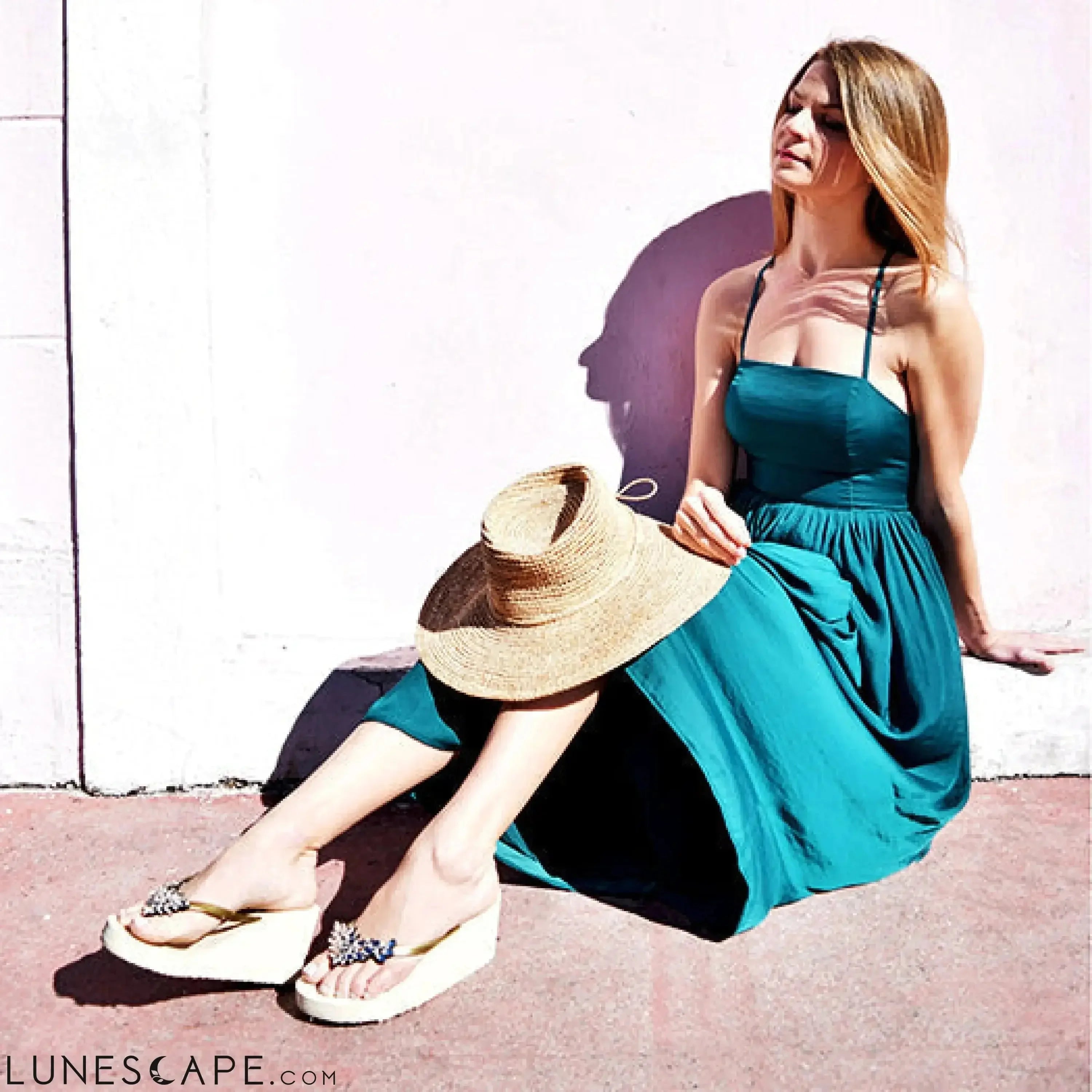 Manhattan Black- Crystal Rhinestone Embellished High Wedge Flip Flops Sandal LUNESCAPE