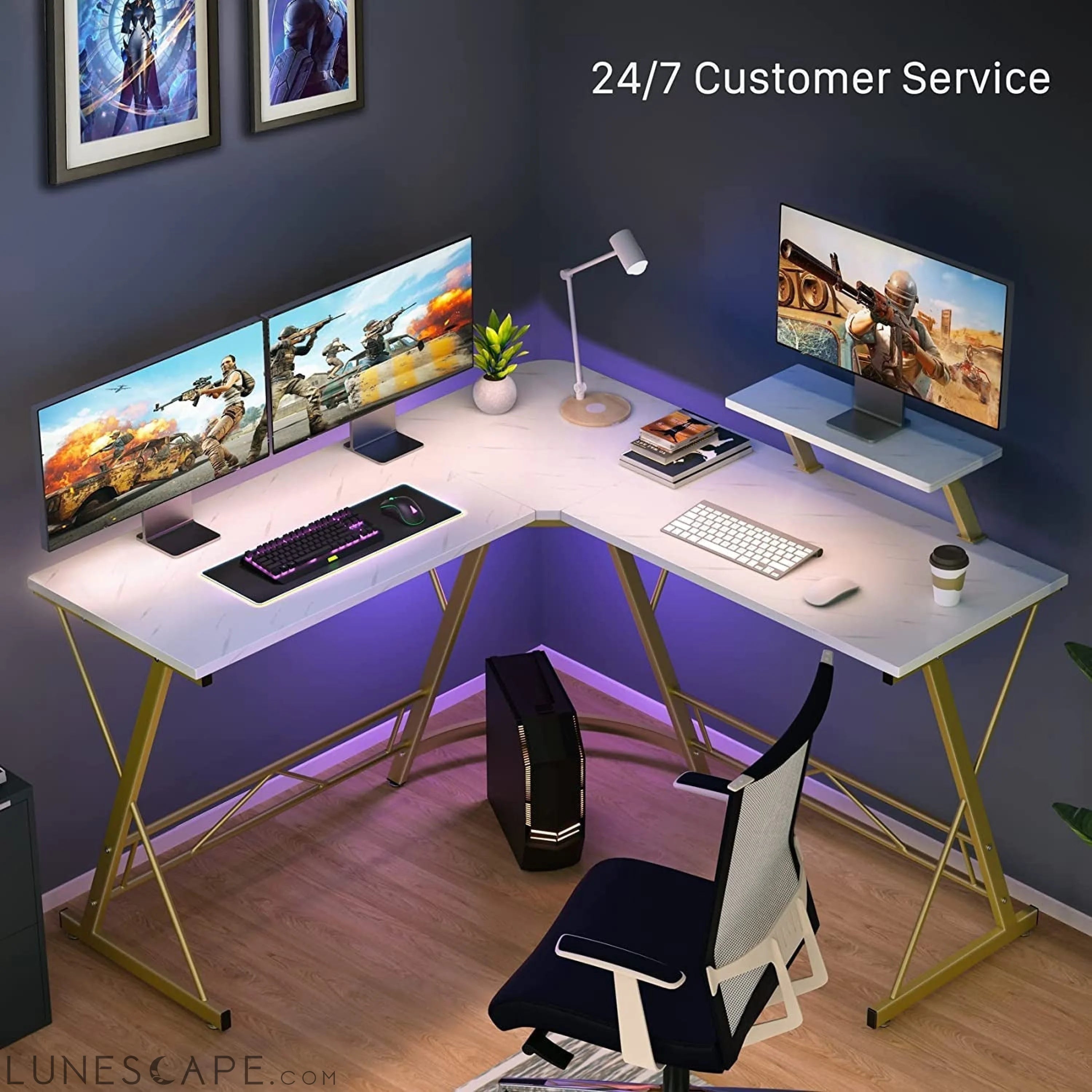 Marble Laminate L-Shaped Gaming Desk with Monitor Stand LUNESCAPE