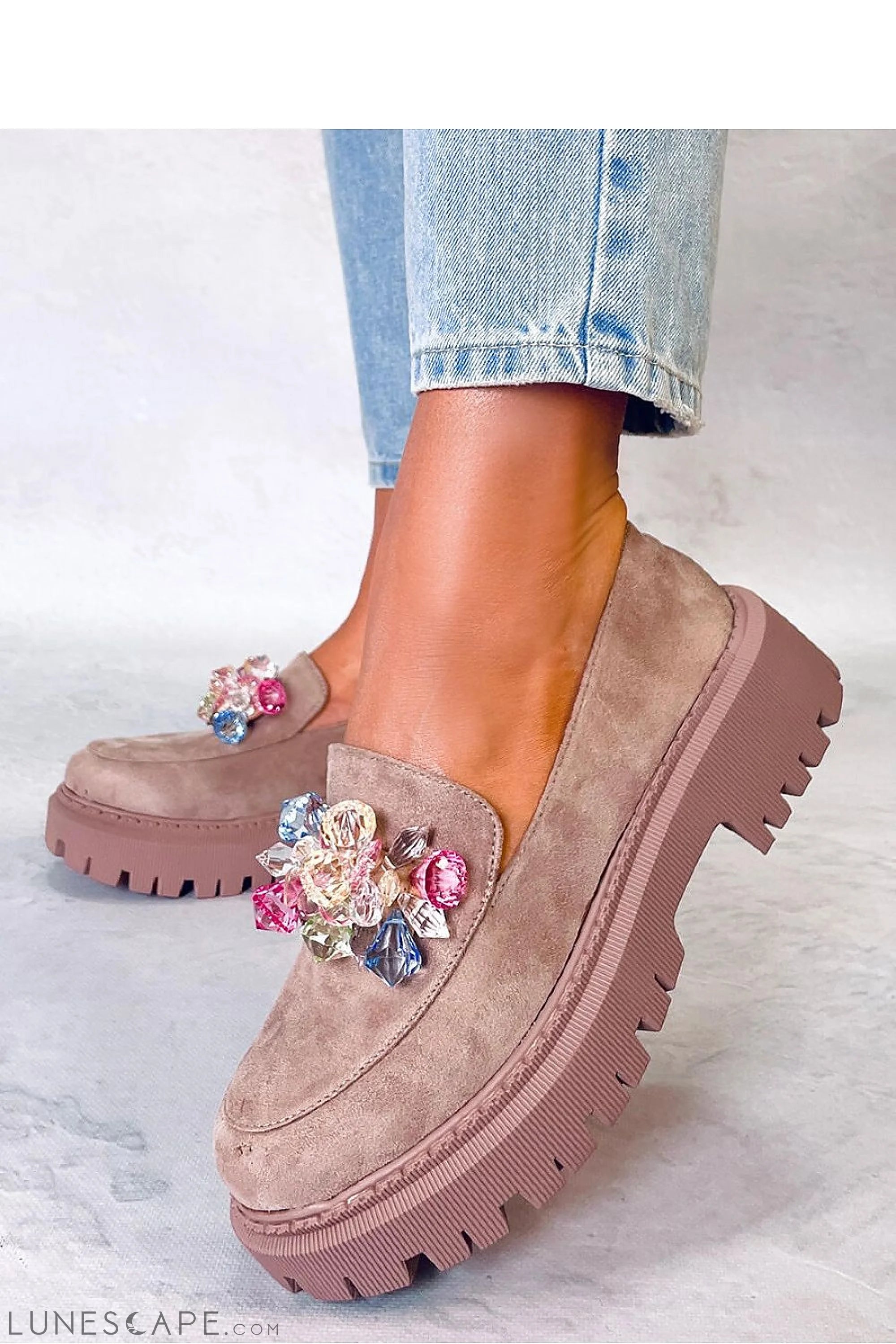 Mauve Vegan Nubuck Platform Loafers – Women’s Round Toe with Gem Cluster Accent LUNESCAPE