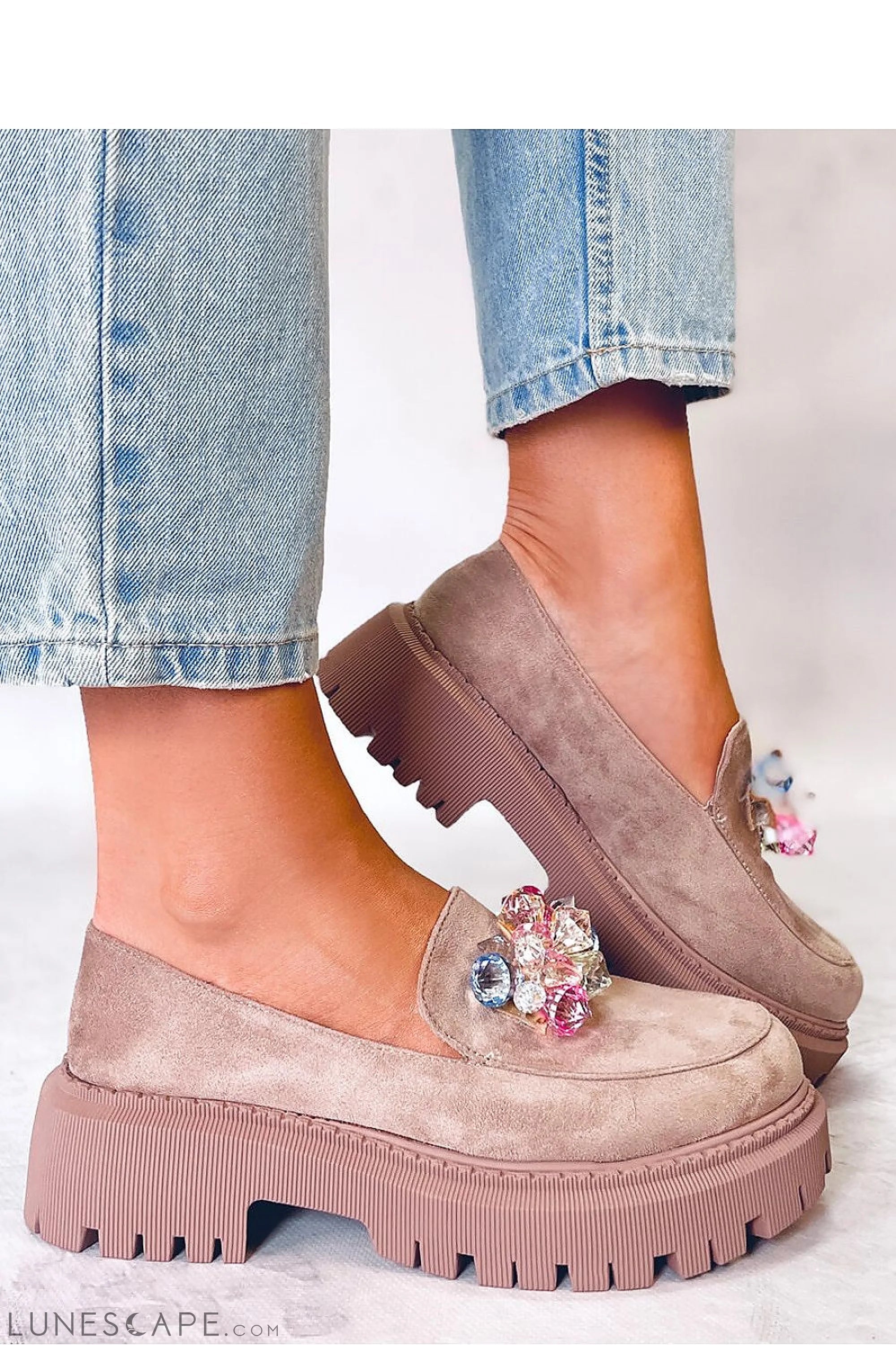 Mauve Vegan Nubuck Platform Loafers – Women’s Round Toe with Gem Cluster Accent LUNESCAPE