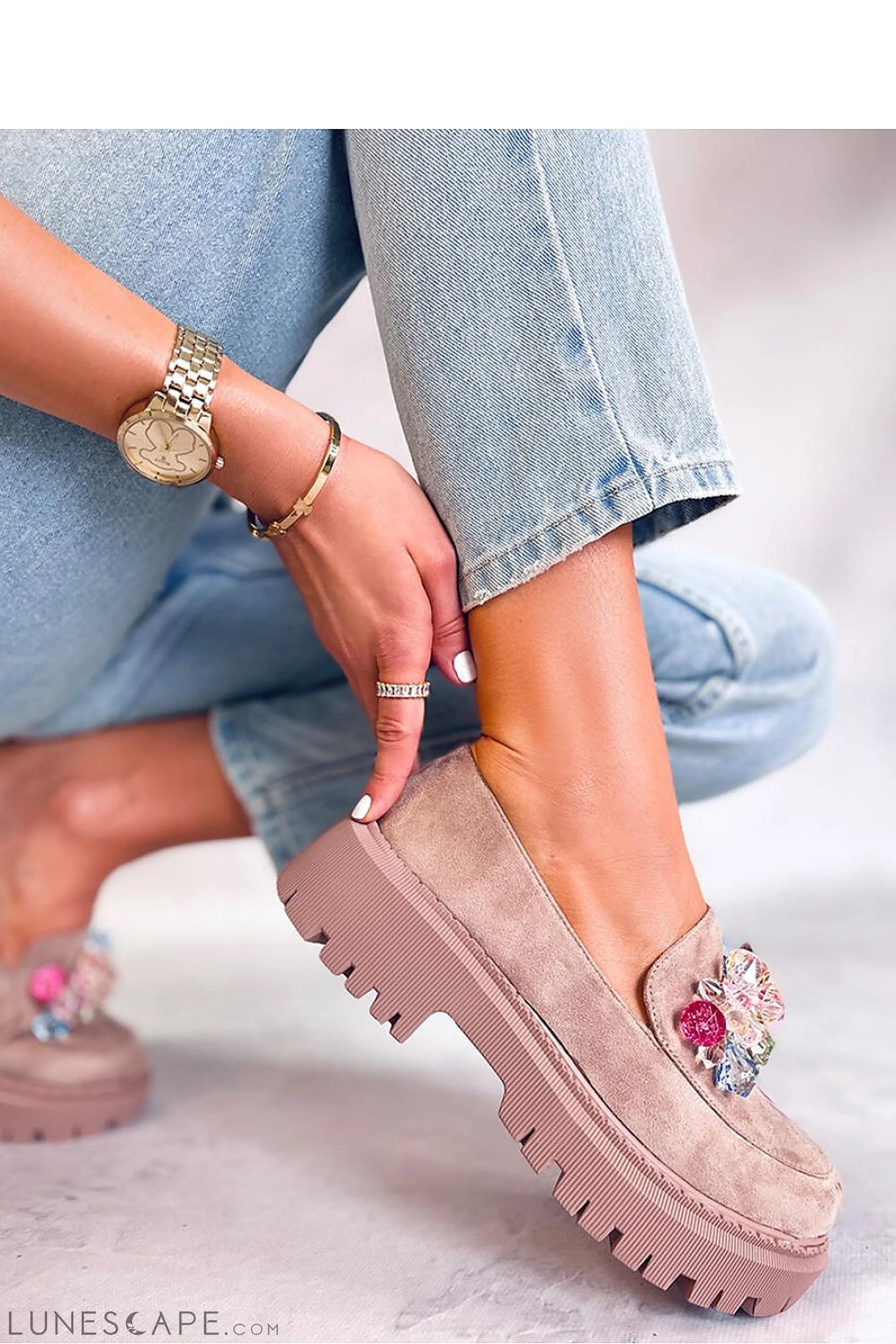 Mauve Vegan Nubuck Platform Loafers – Women’s Round Toe with Gem Cluster Accent LUNESCAPE