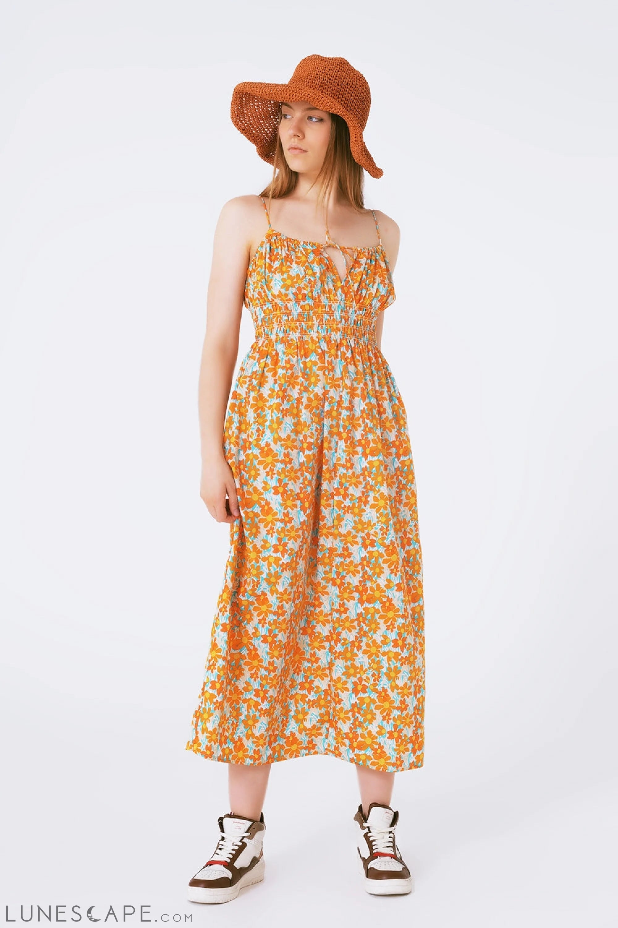 Maxi Beach Dress in Orange Flower Print LUNESCAPE