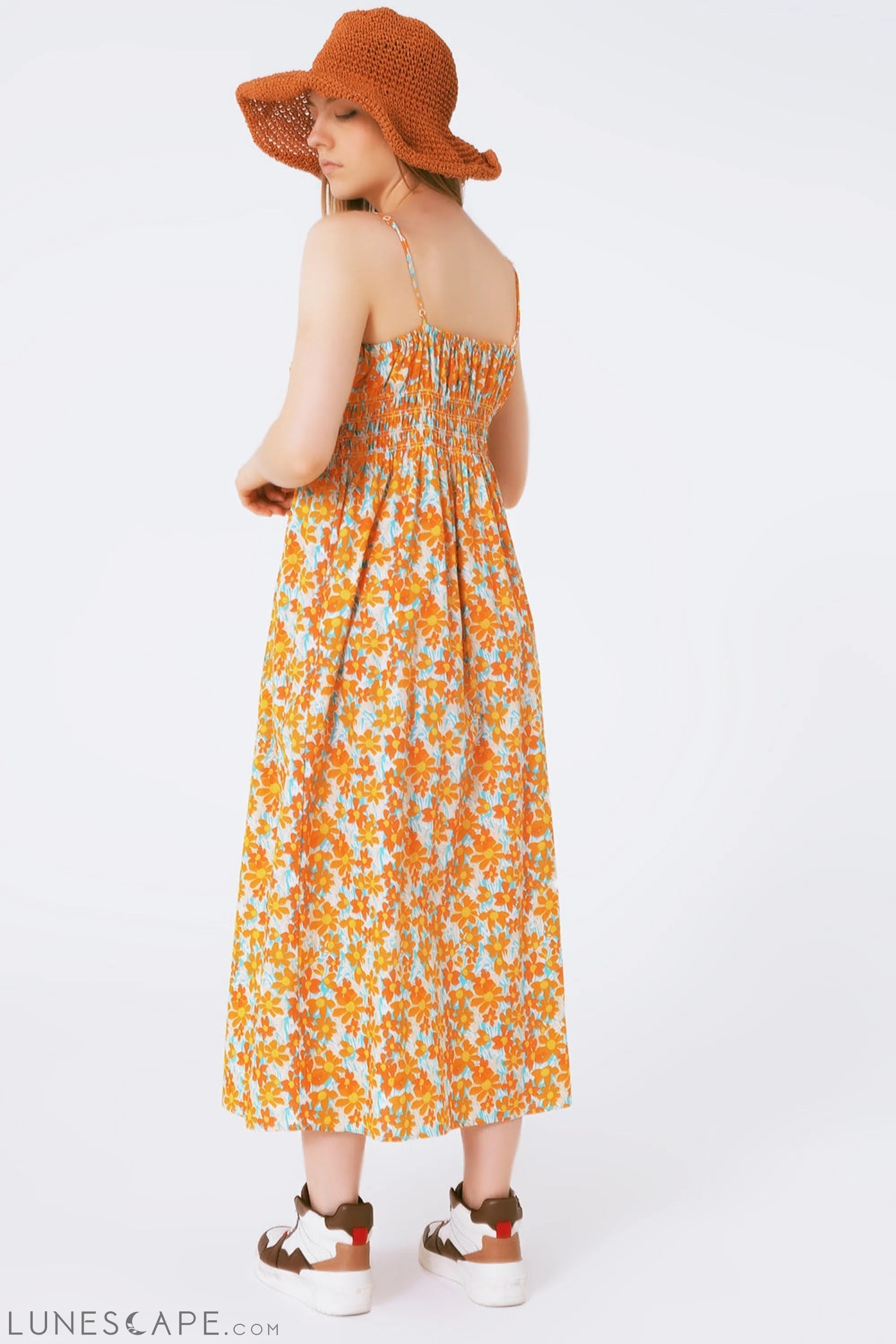 Maxi Beach Dress in Orange Flower Print LUNESCAPE