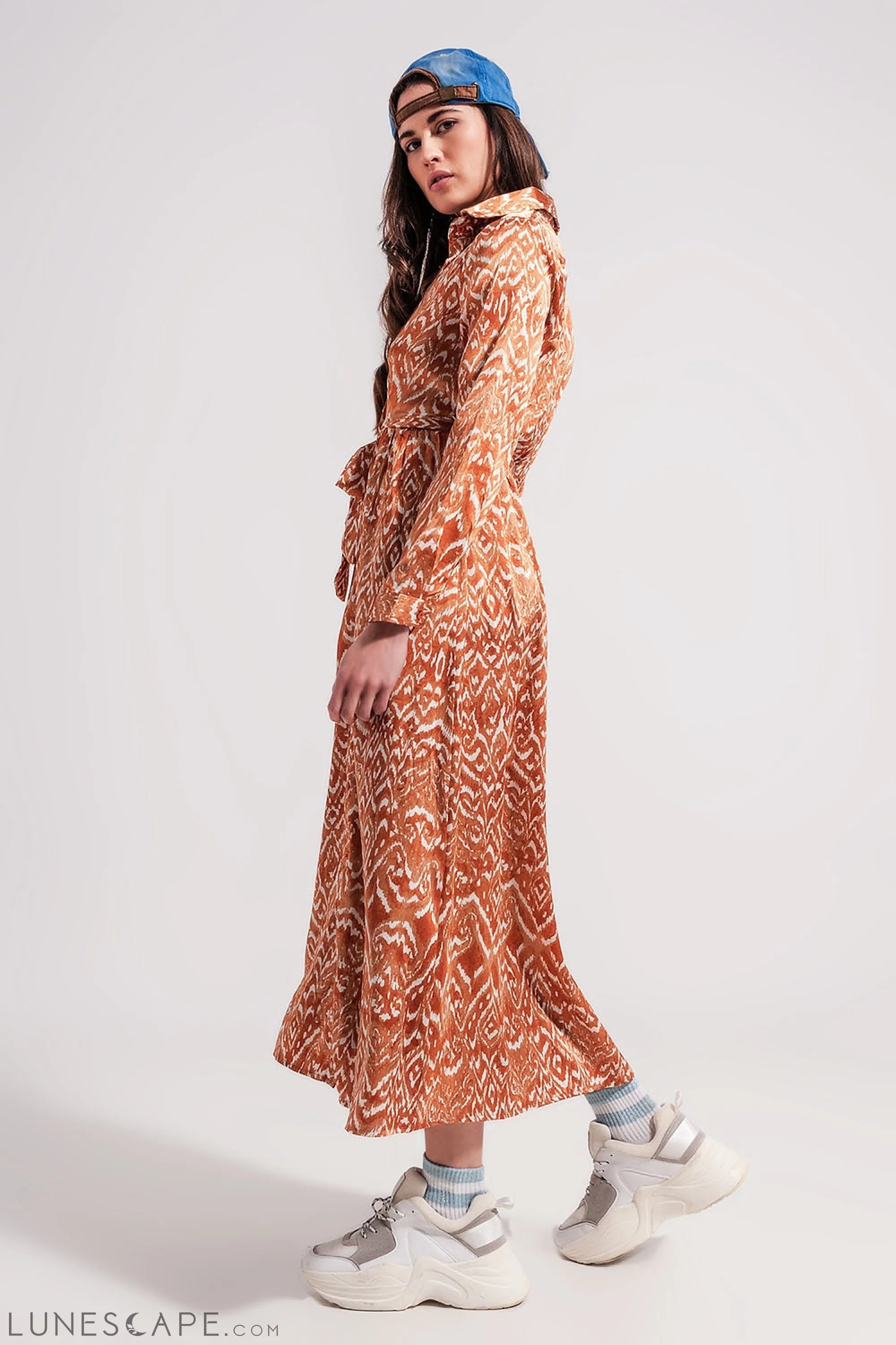 Maxi Dress in Abstract Animal Print in Orange LUNESCAPE