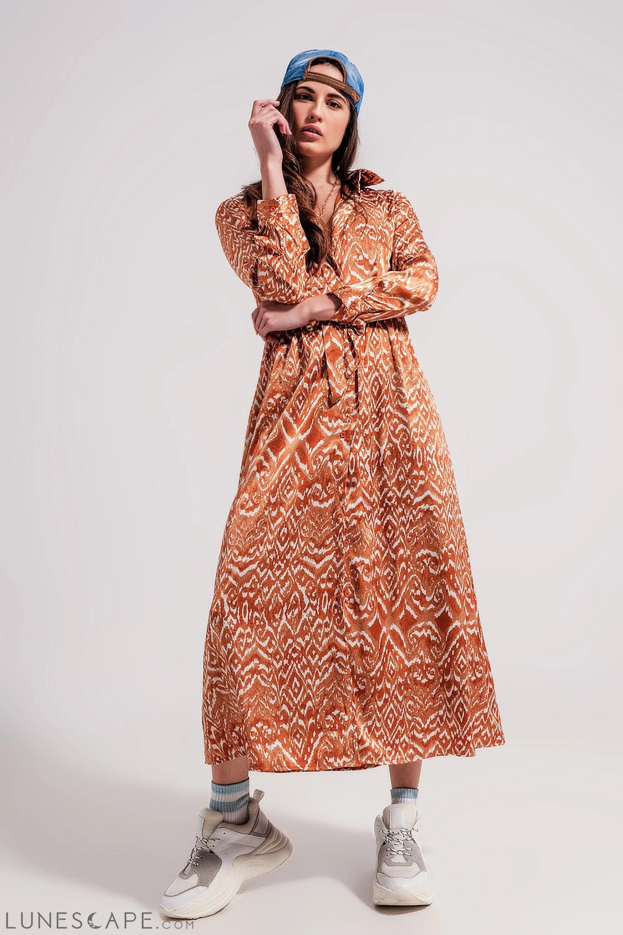 Maxi Dress in Abstract Animal Print in Orange LUNESCAPE
