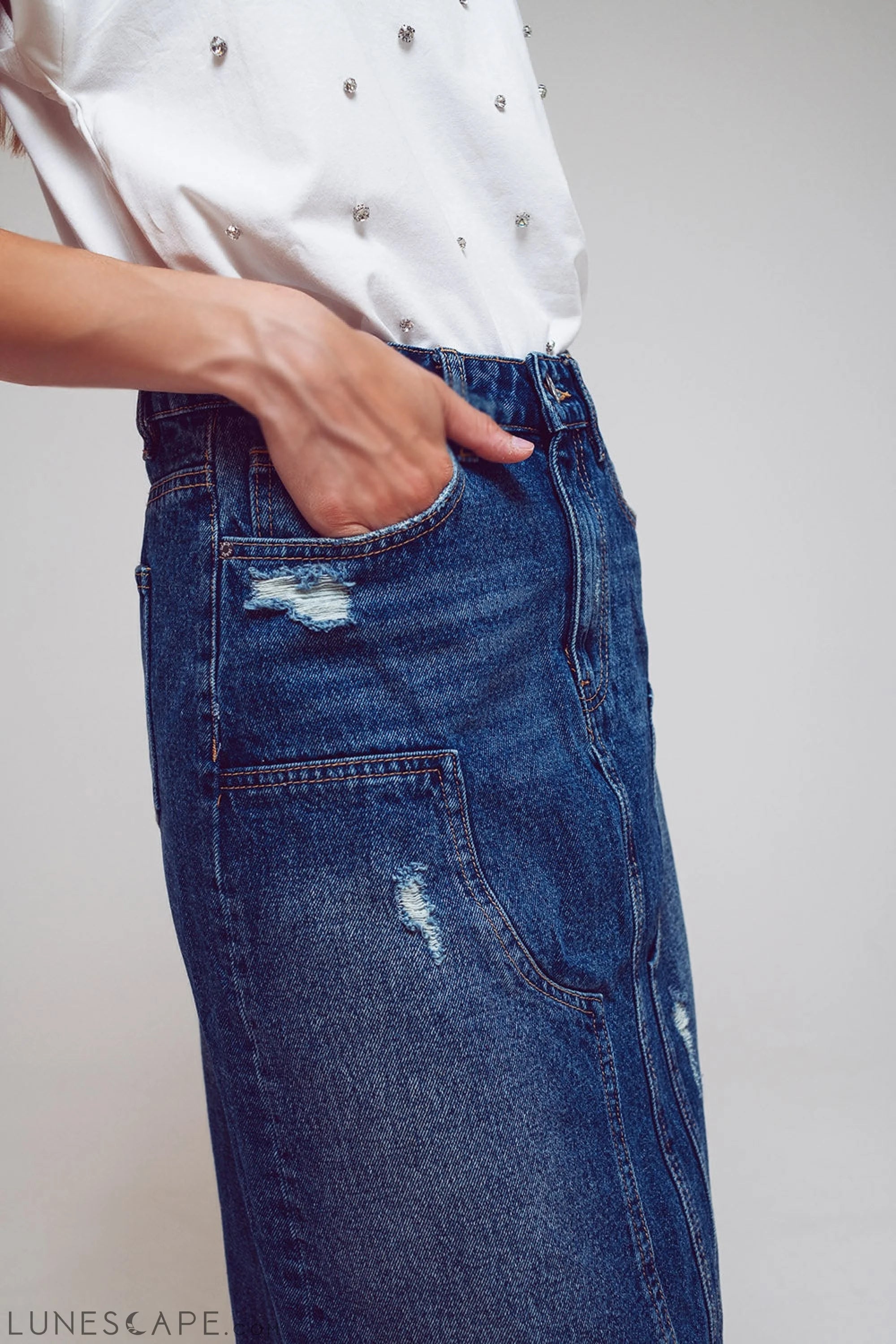 Maxi Pencil Denim Skirt With Panel Details in the Front LUNESCAPE