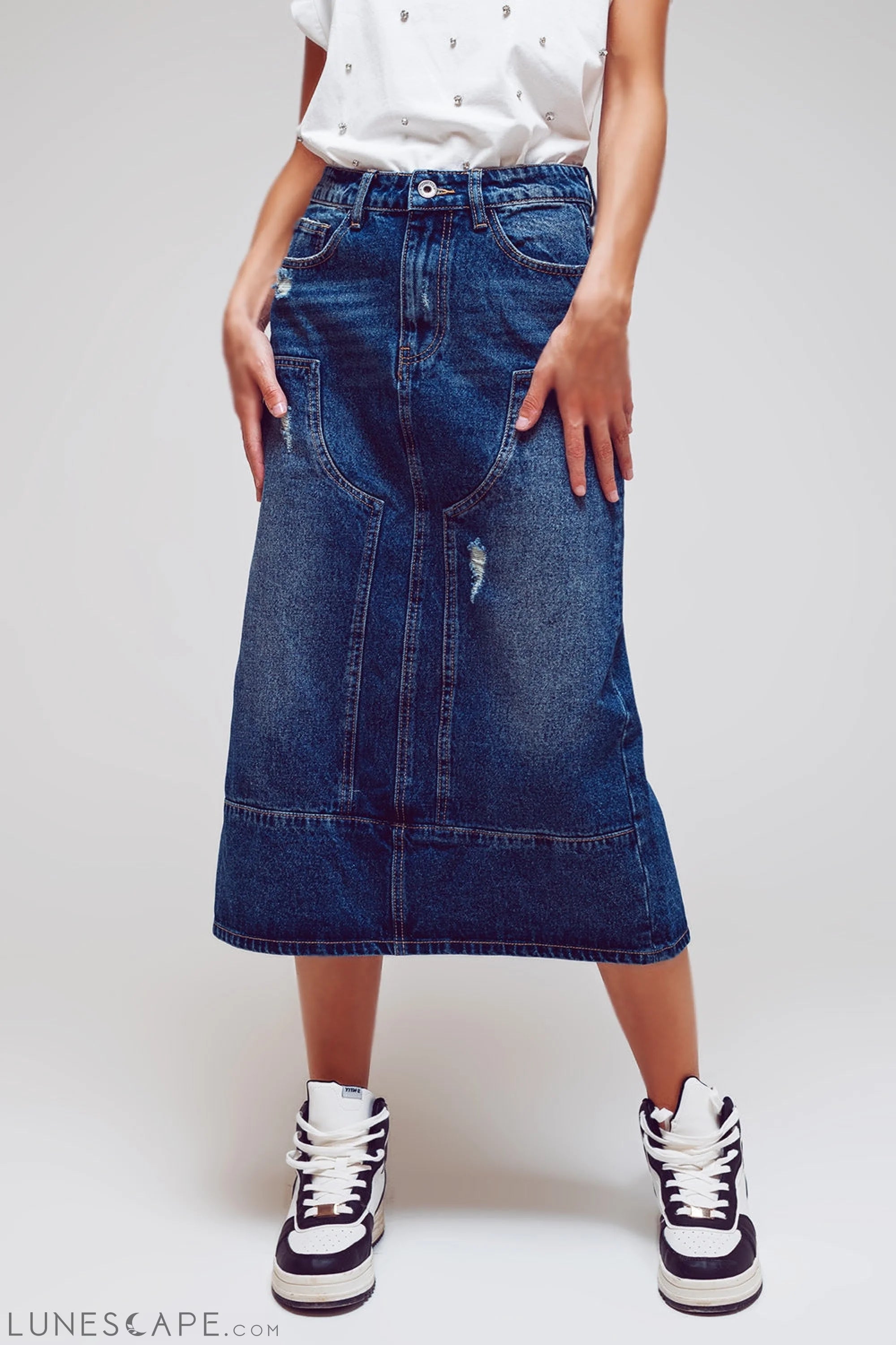 Maxi Pencil Denim Skirt With Panel Details in the Front LUNESCAPE