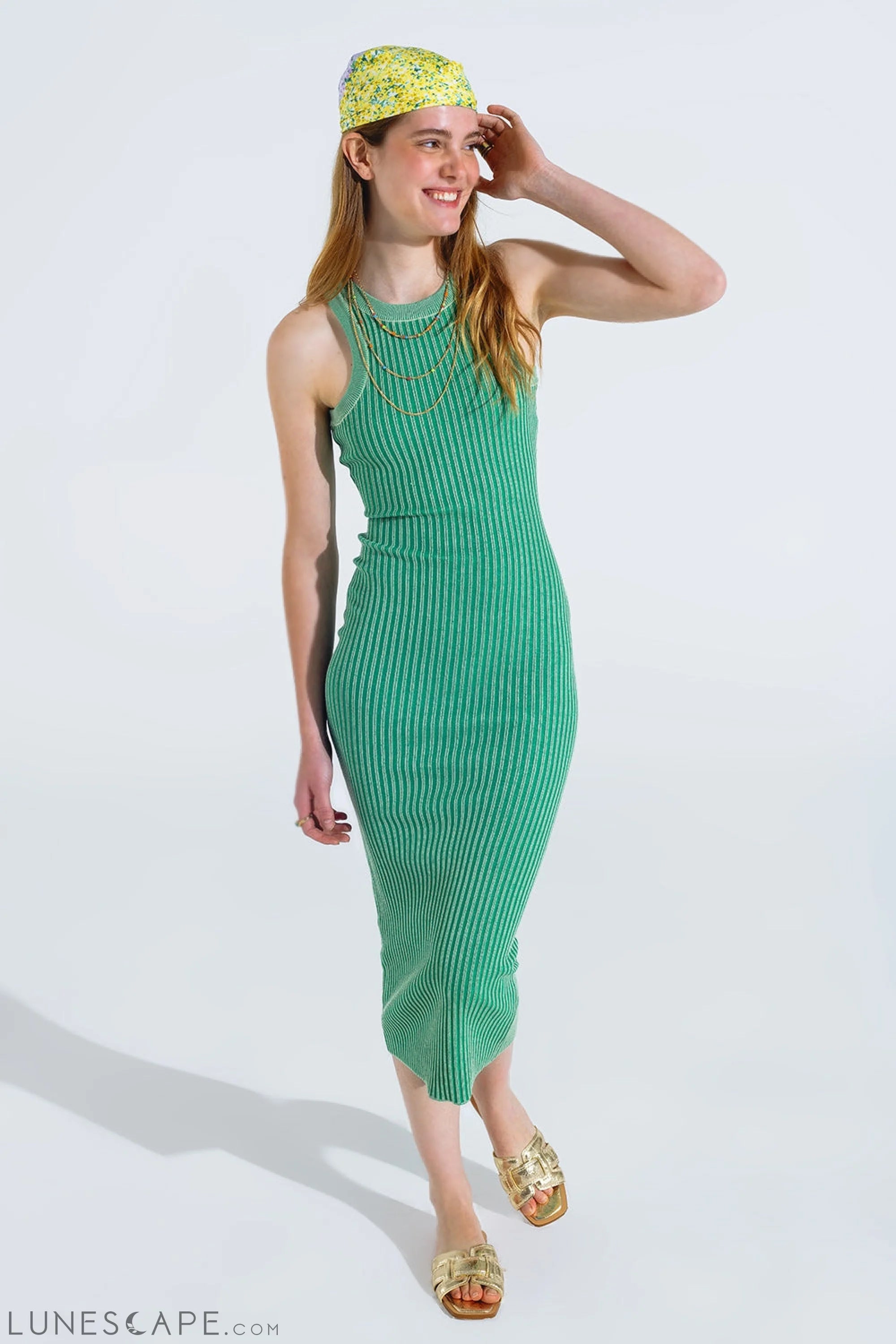 Maxi Sleeveless Halter Bodycon Ribbed Midi Dress in Green LUNESCAPE