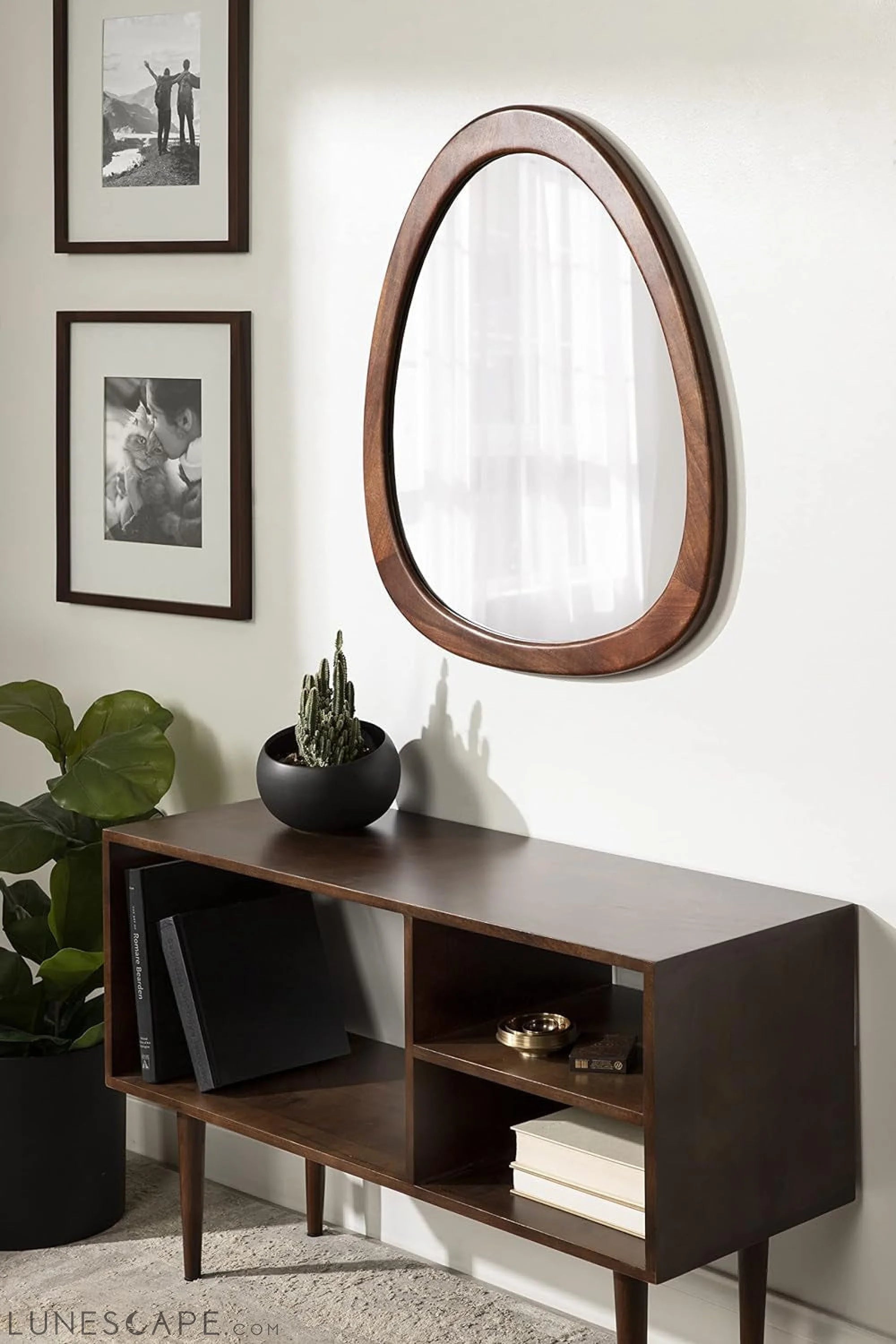 Mckinder Asymmetrical Wood Wall Mirror, 24 X 28, Walnut Brown, LUNESCAPE