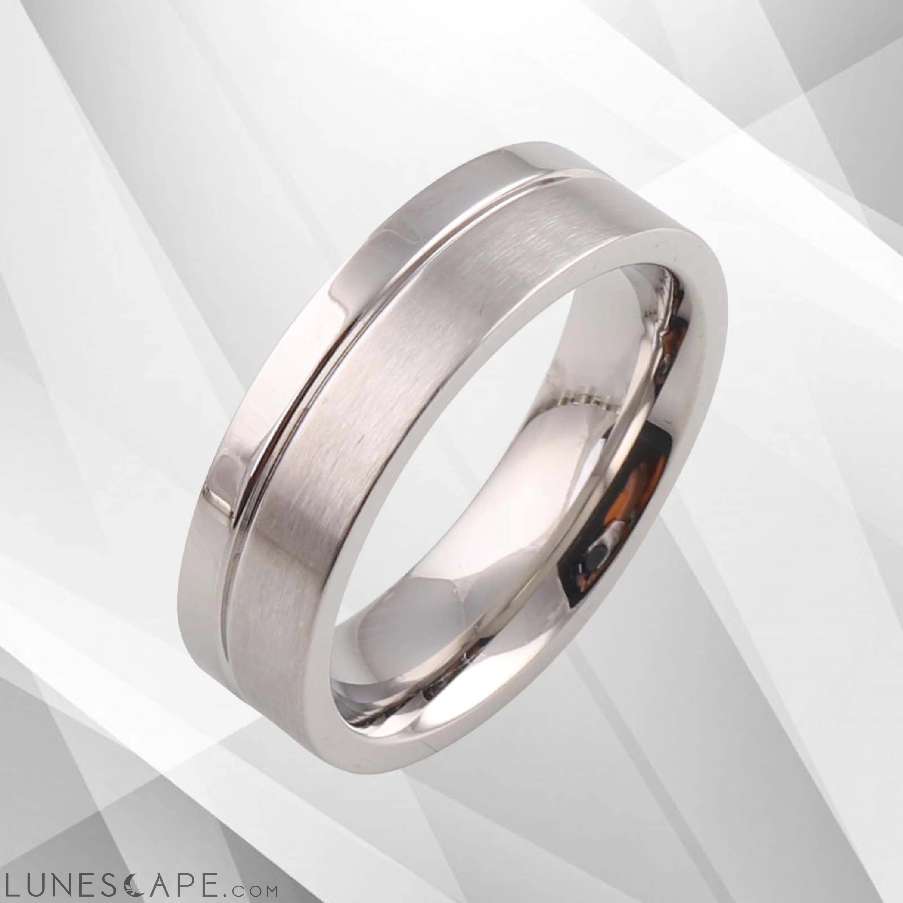Men’s Titanium Flat Shape Wedding Engagement Band Ring 18Ct White Gold LUNESCAPE