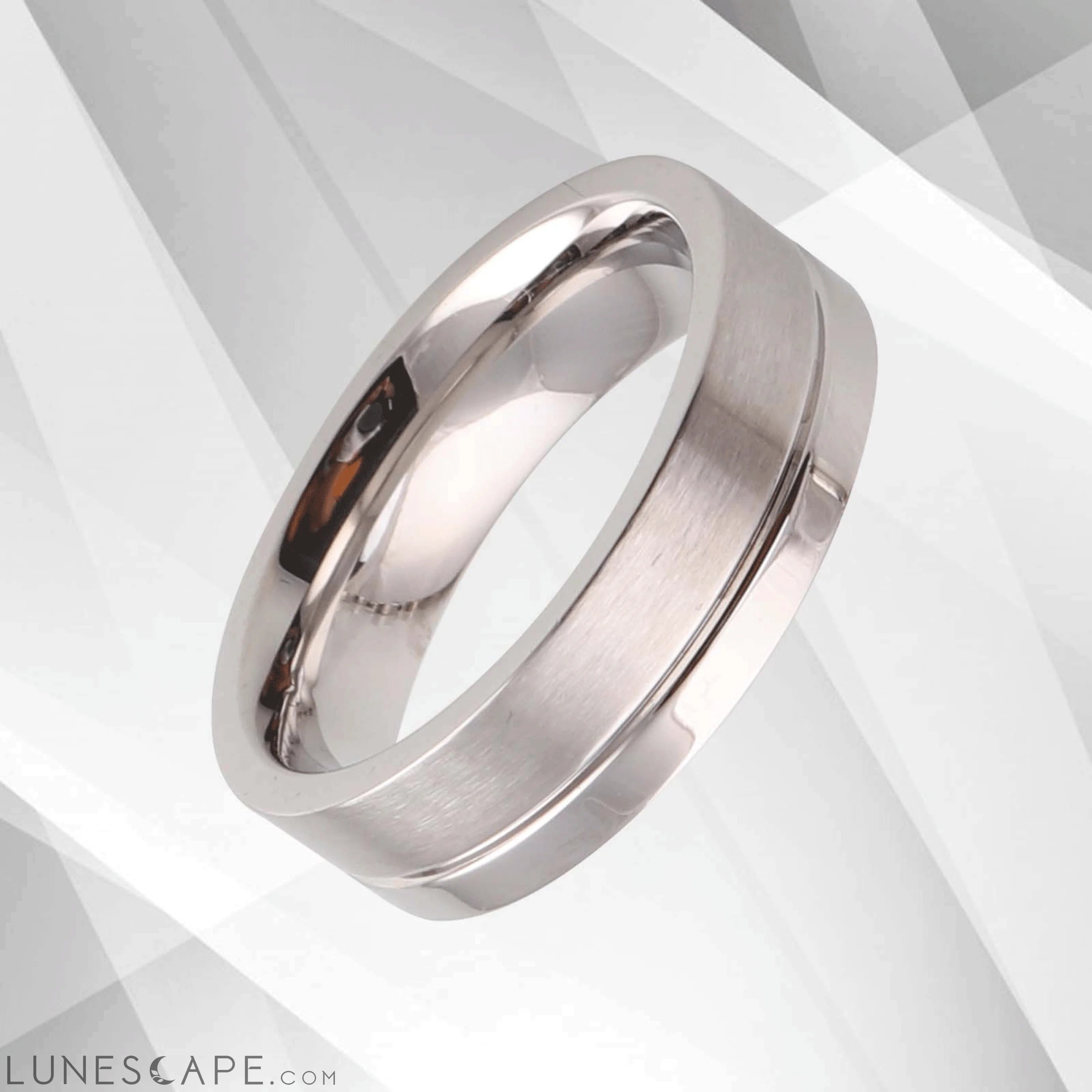 Men’s Titanium Flat Shape Wedding Engagement Band Ring 18Ct White Gold LUNESCAPE