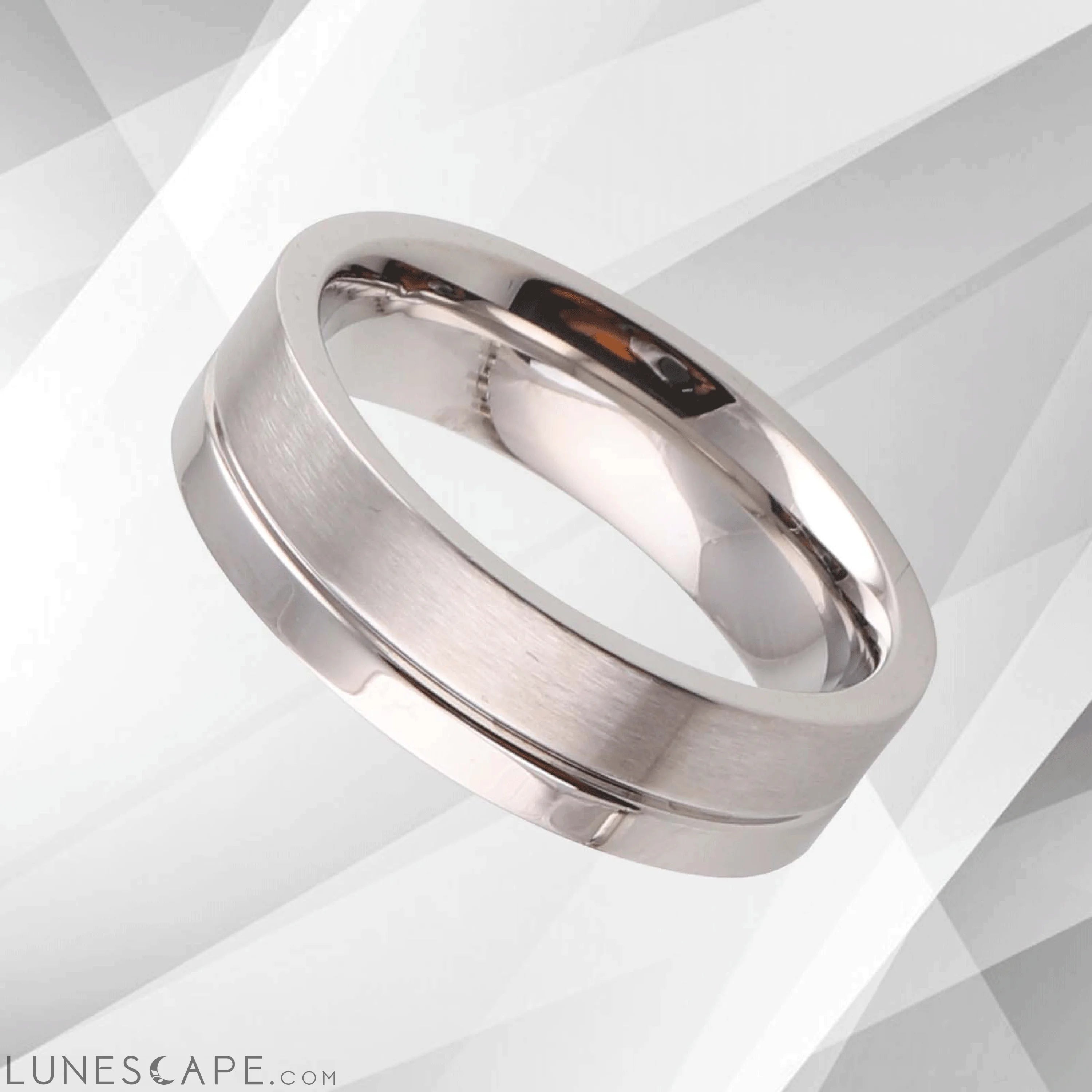 Men’s Titanium Flat Shape Wedding Engagement Band Ring 18Ct White Gold LUNESCAPE
