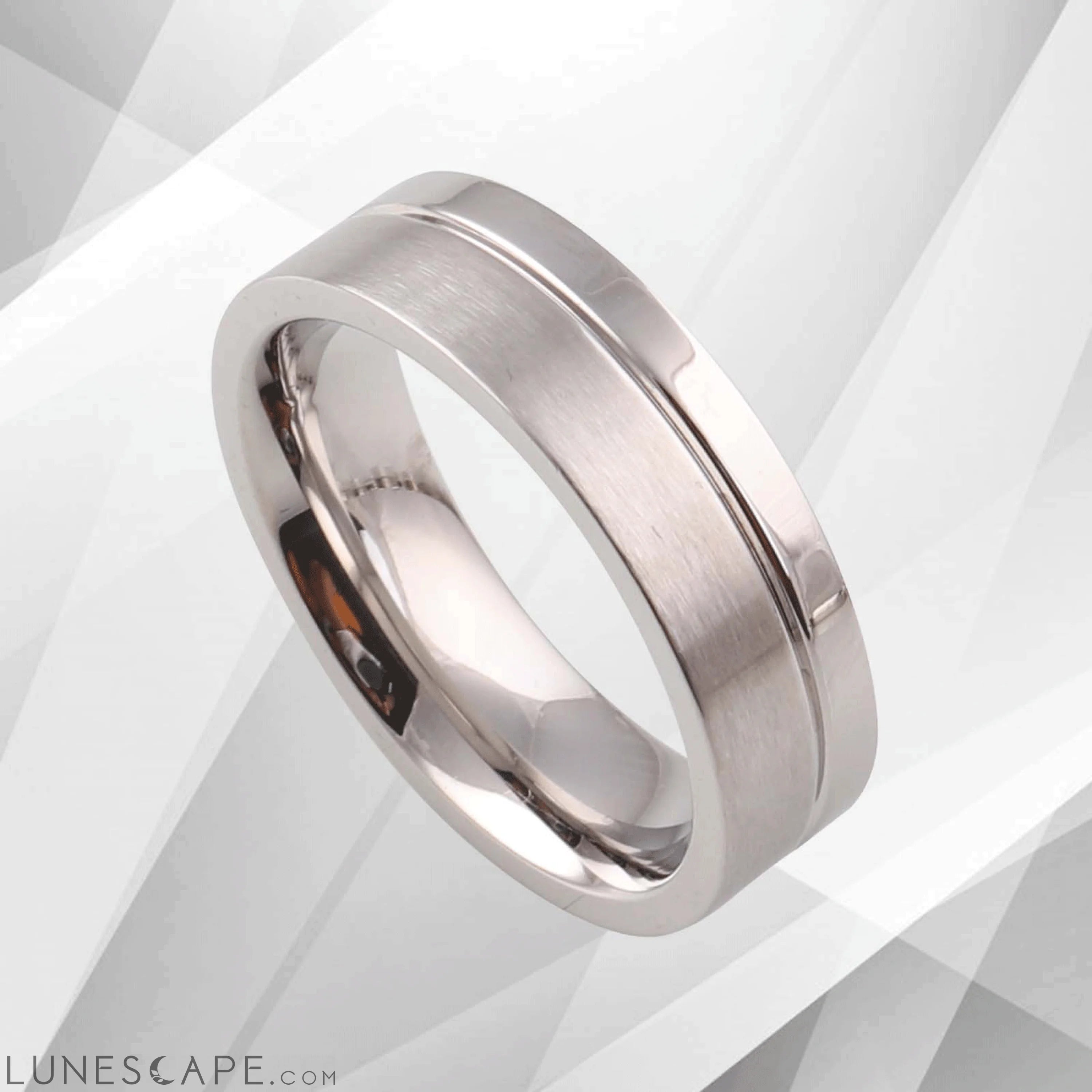 Men’s Titanium Flat Shape Wedding Engagement Band Ring 18Ct White Gold LUNESCAPE