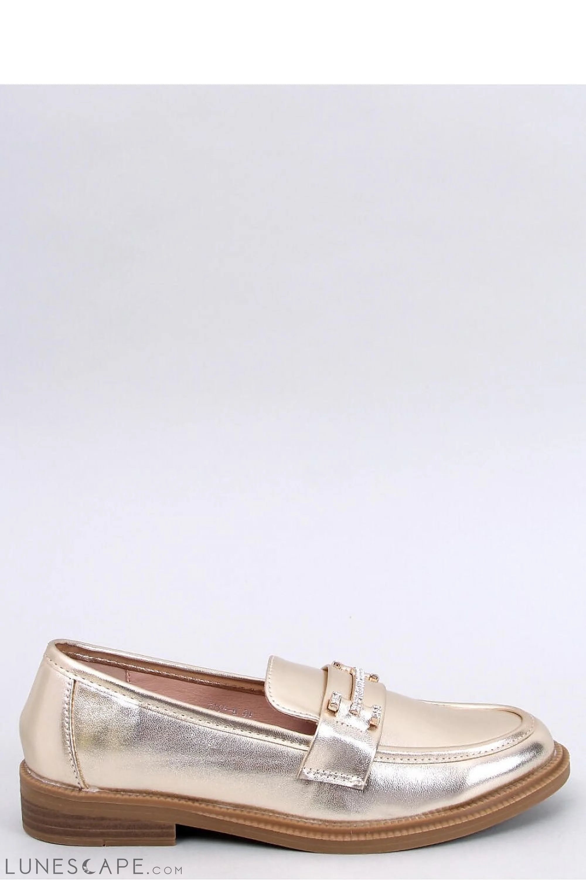 Metallic Champagne Women's Loafers – Almond Toe with Gold Bit & Low Heel LUNESCAPE
