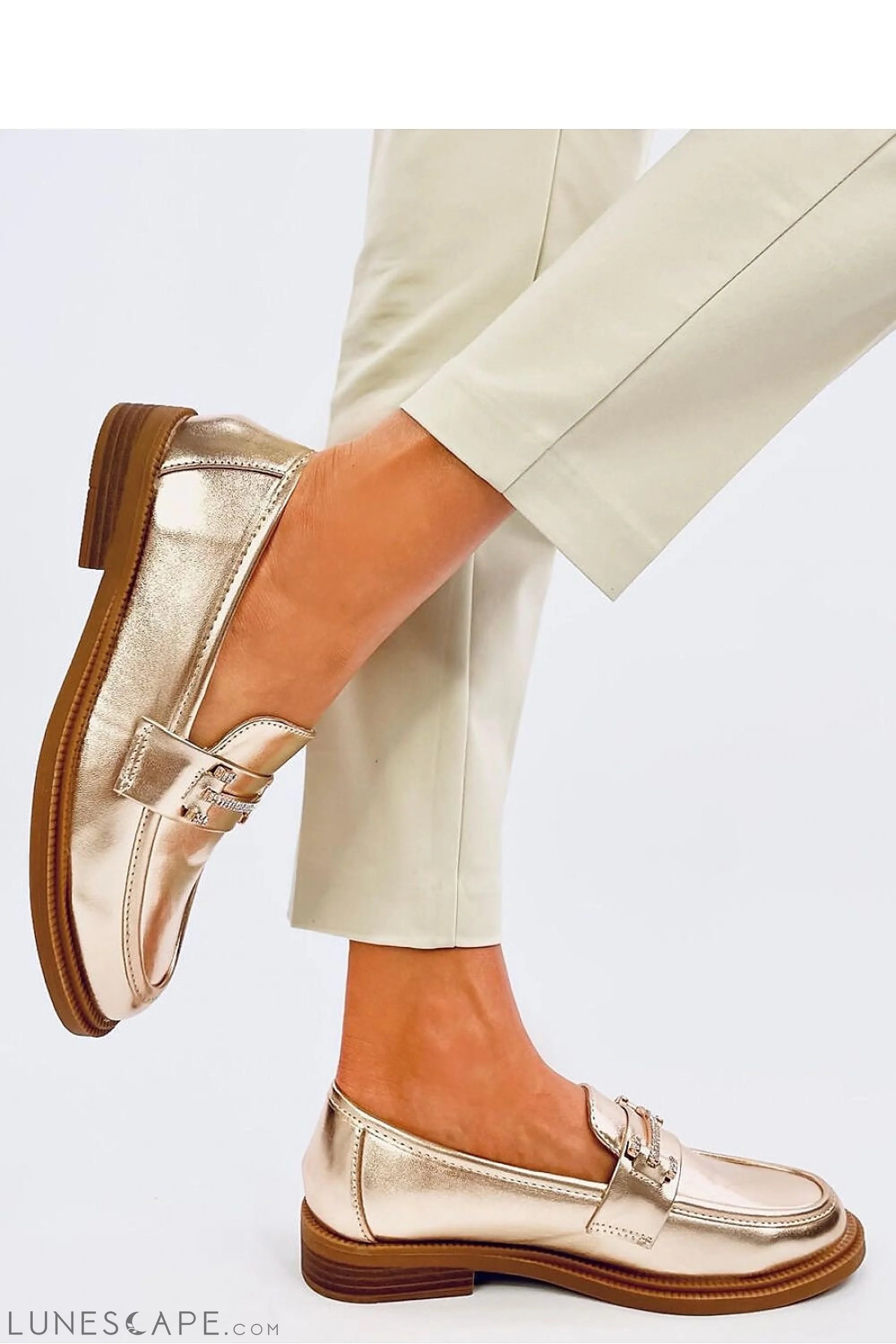 Metallic Champagne Women's Loafers – Almond Toe with Gold Bit & Low Heel LUNESCAPE