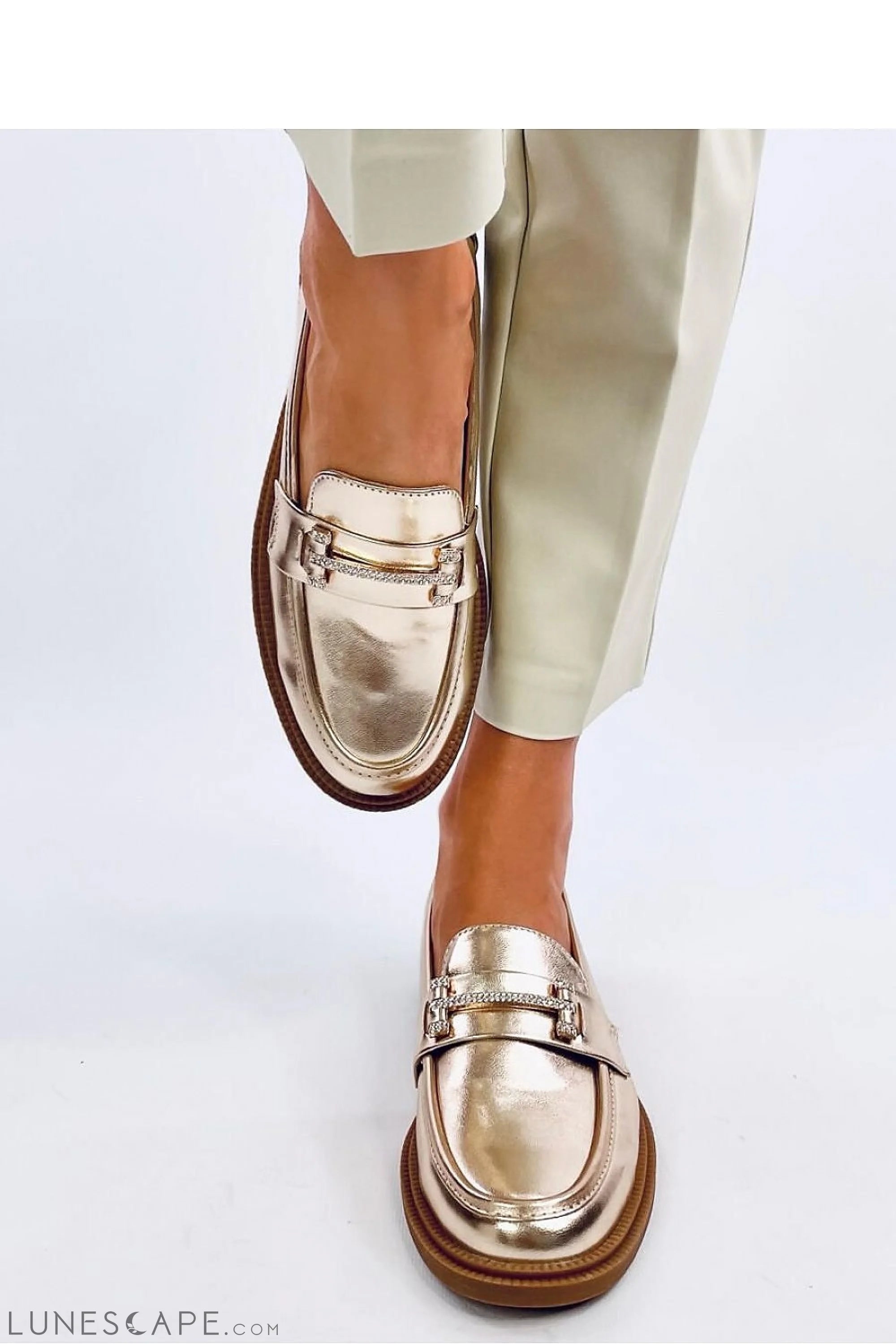 Metallic Champagne Women's Loafers – Almond Toe with Gold Bit & Low Heel LUNESCAPE