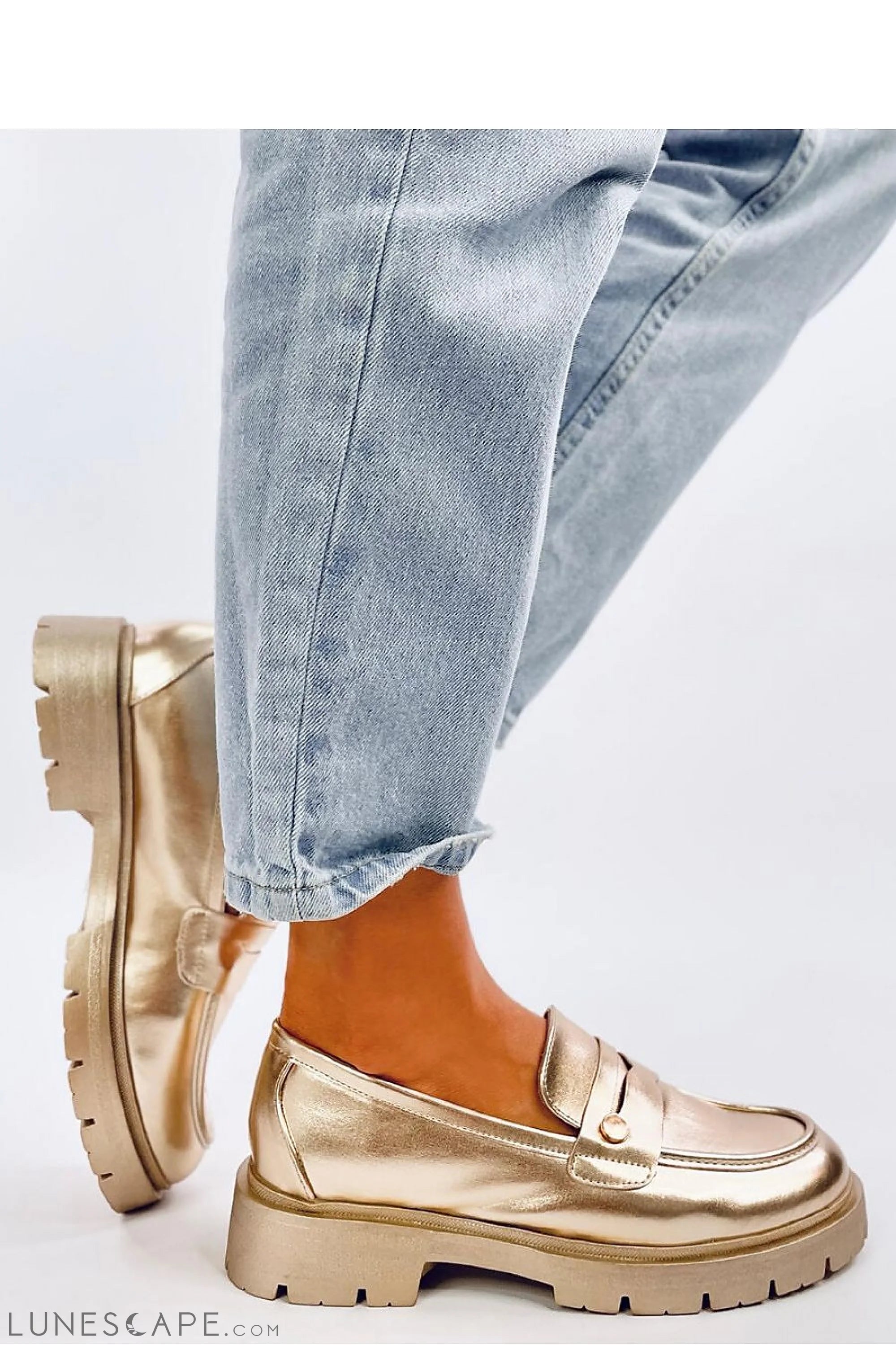 Metallic Gold Eco-Leather Loafers for Women – Lug Sole Slip-On Shoes LUNESCAPE