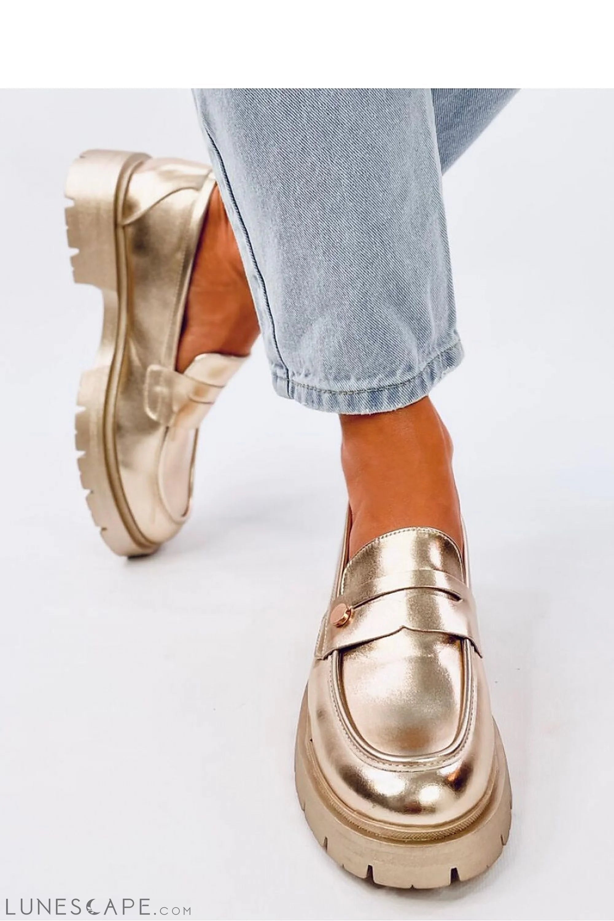 Metallic Gold Eco-Leather Loafers for Women – Lug Sole Slip-On Shoes LUNESCAPE