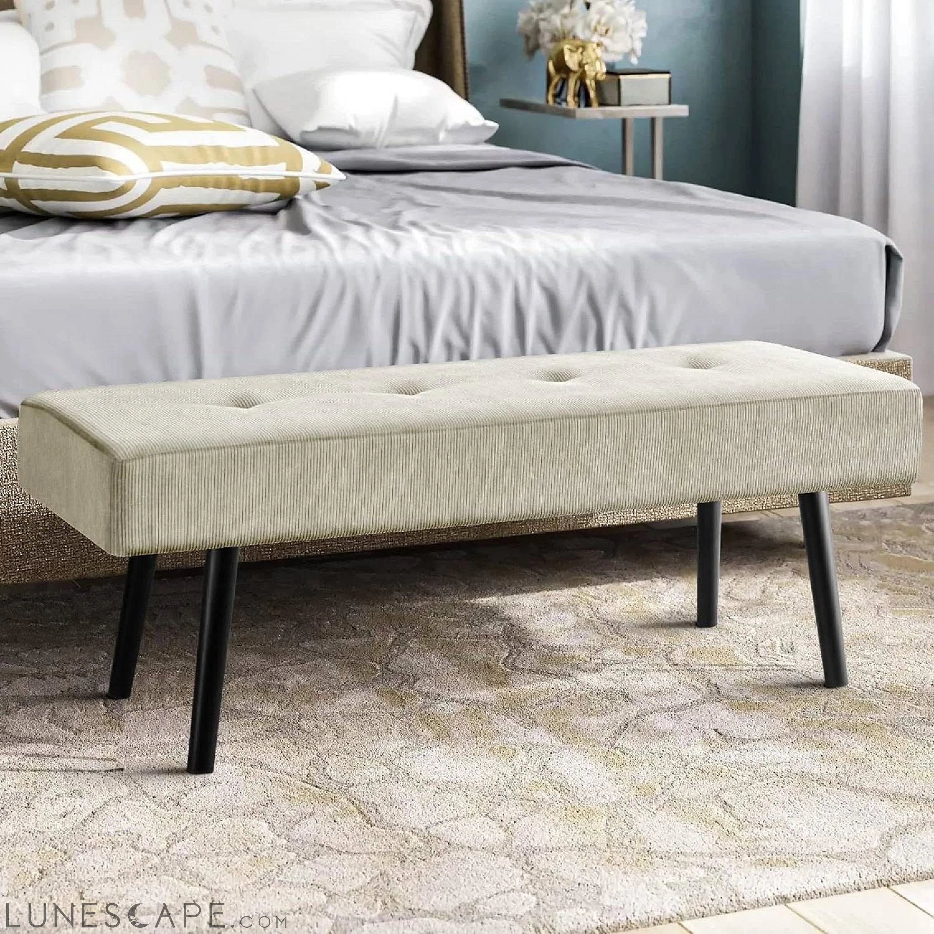 Mid-Century Beige Corduroy Upholstered End of Bed Bench LUNESCAPE