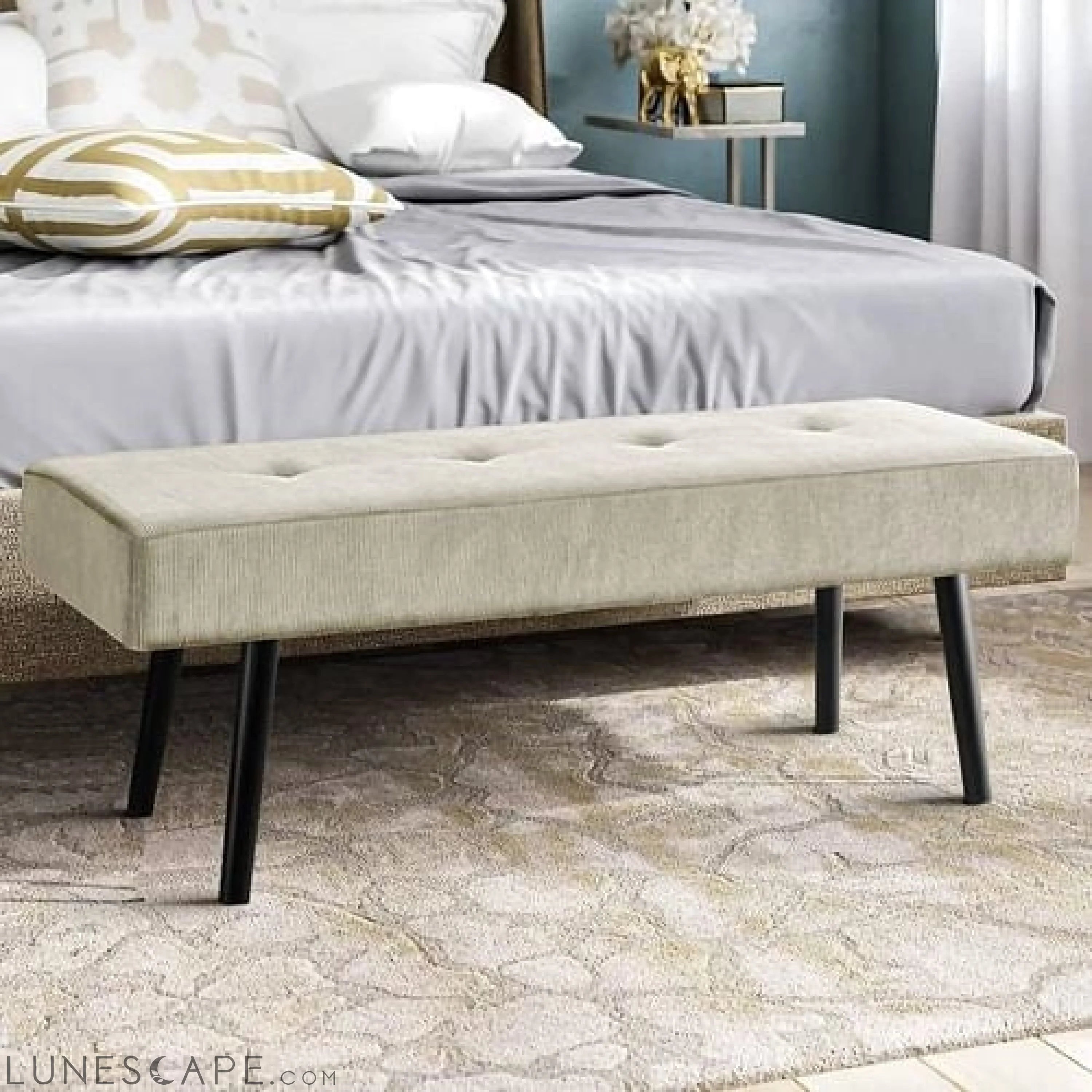 Mid-Century Beige Corduroy Upholstered End of Bed Bench LUNESCAPE