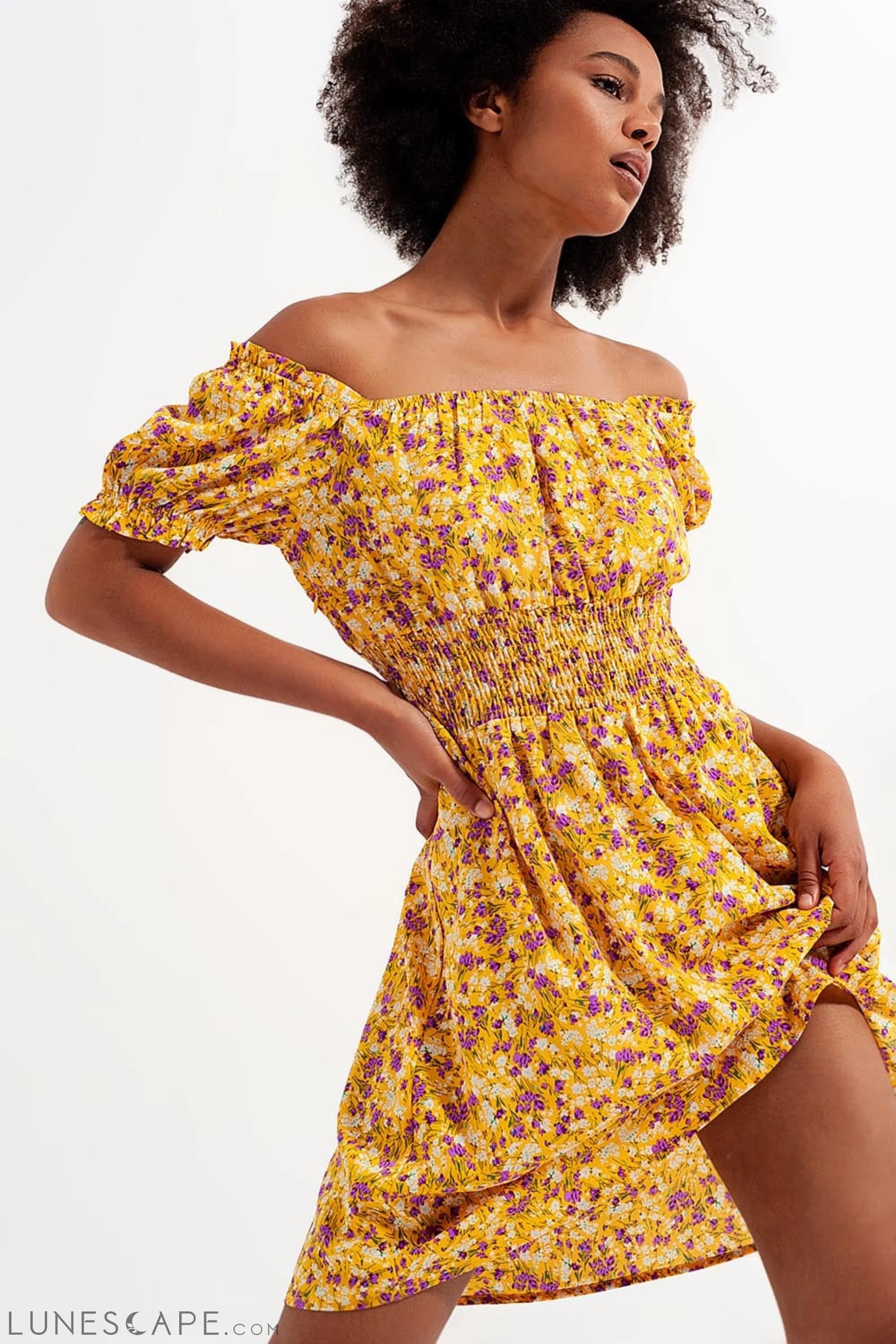 Mini Dress With Shirred Detail in Yellow Ditsy Floral Print LUNESCAPE
