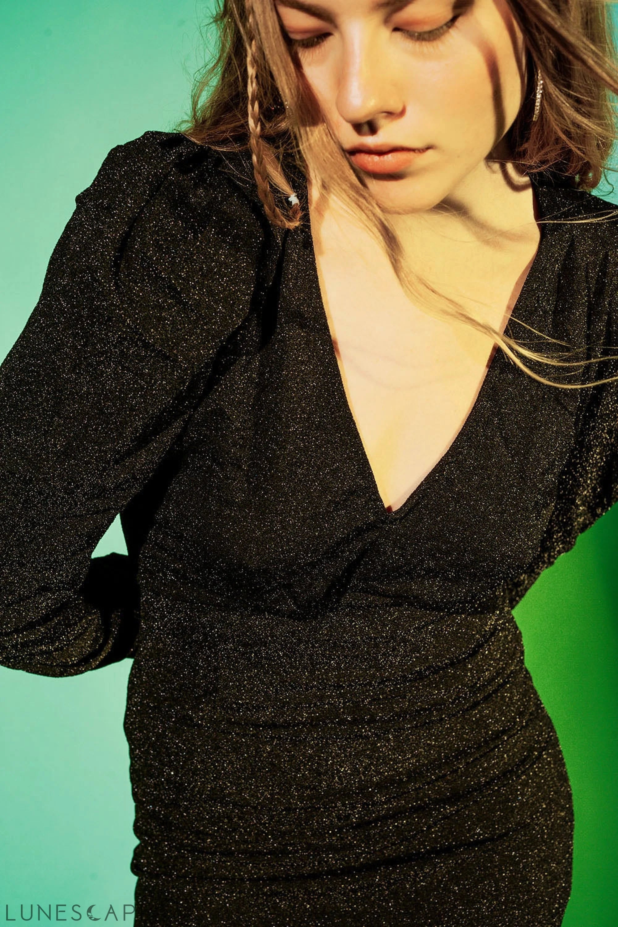 Mini v Neck Dress in Black Sparkle LUNESCAPE