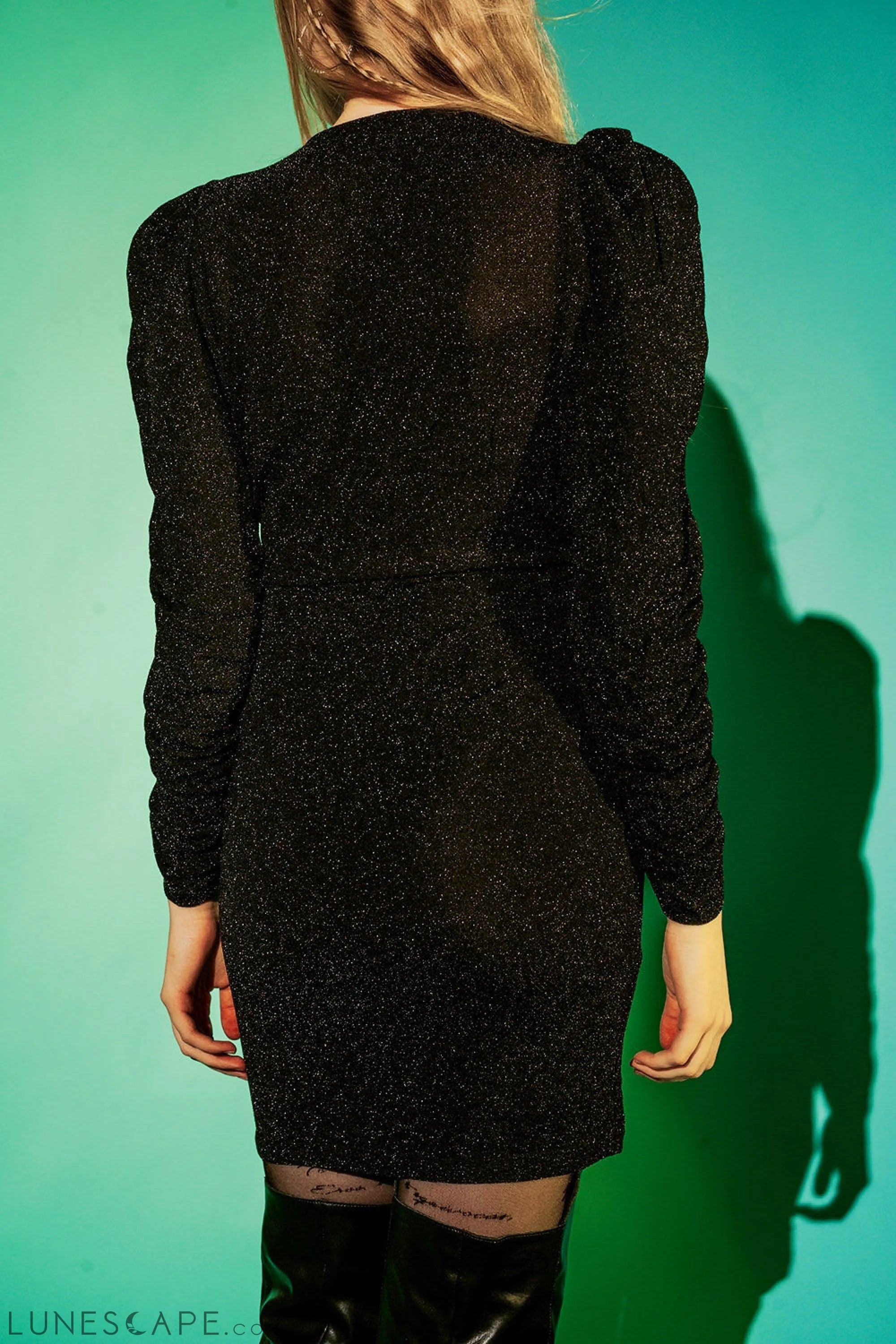 Mini v Neck Dress in Black Sparkle LUNESCAPE