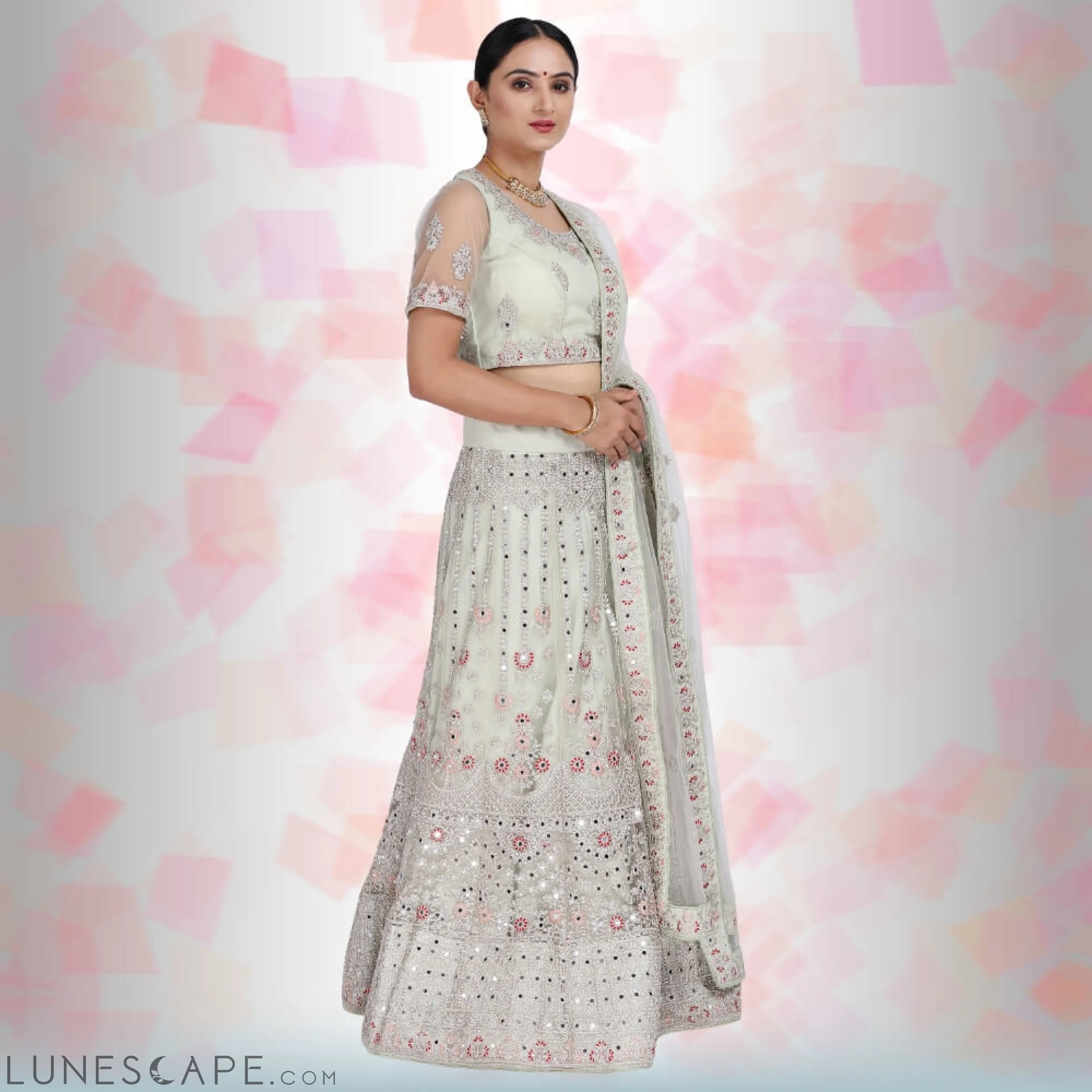 Mirror Work Lehenga Choli - Green LUNESCAPE