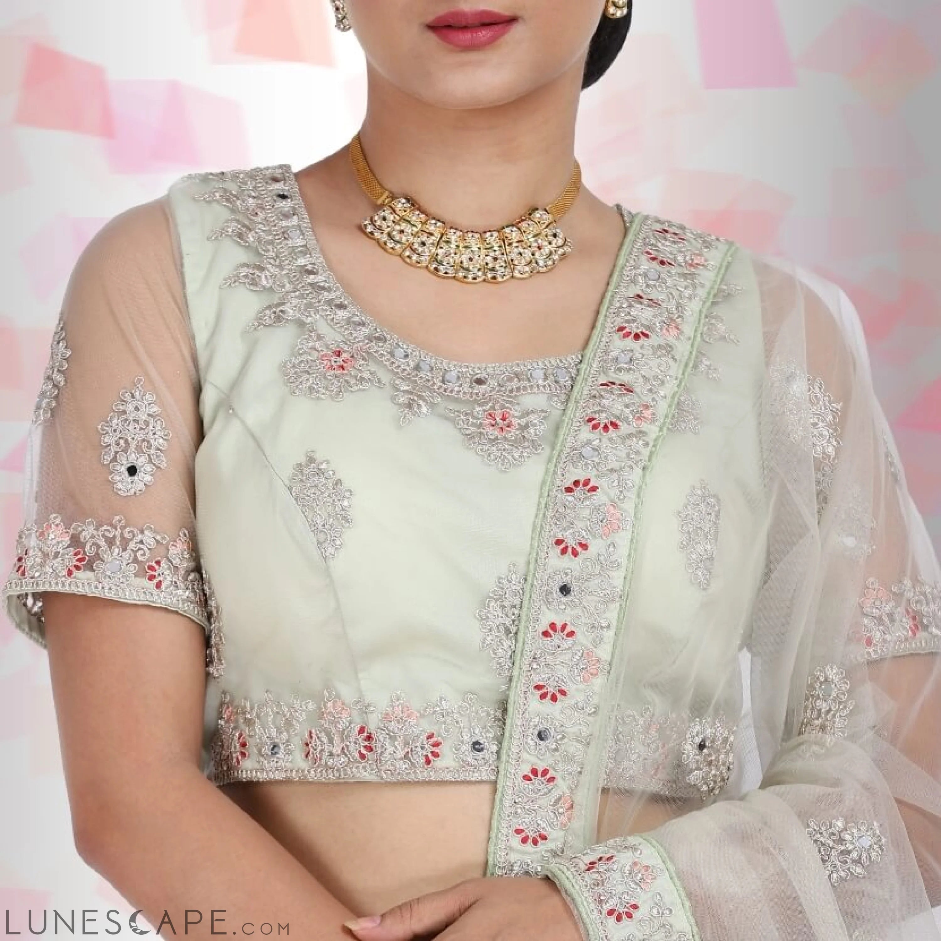 Mirror Work Lehenga Choli - Green LUNESCAPE
