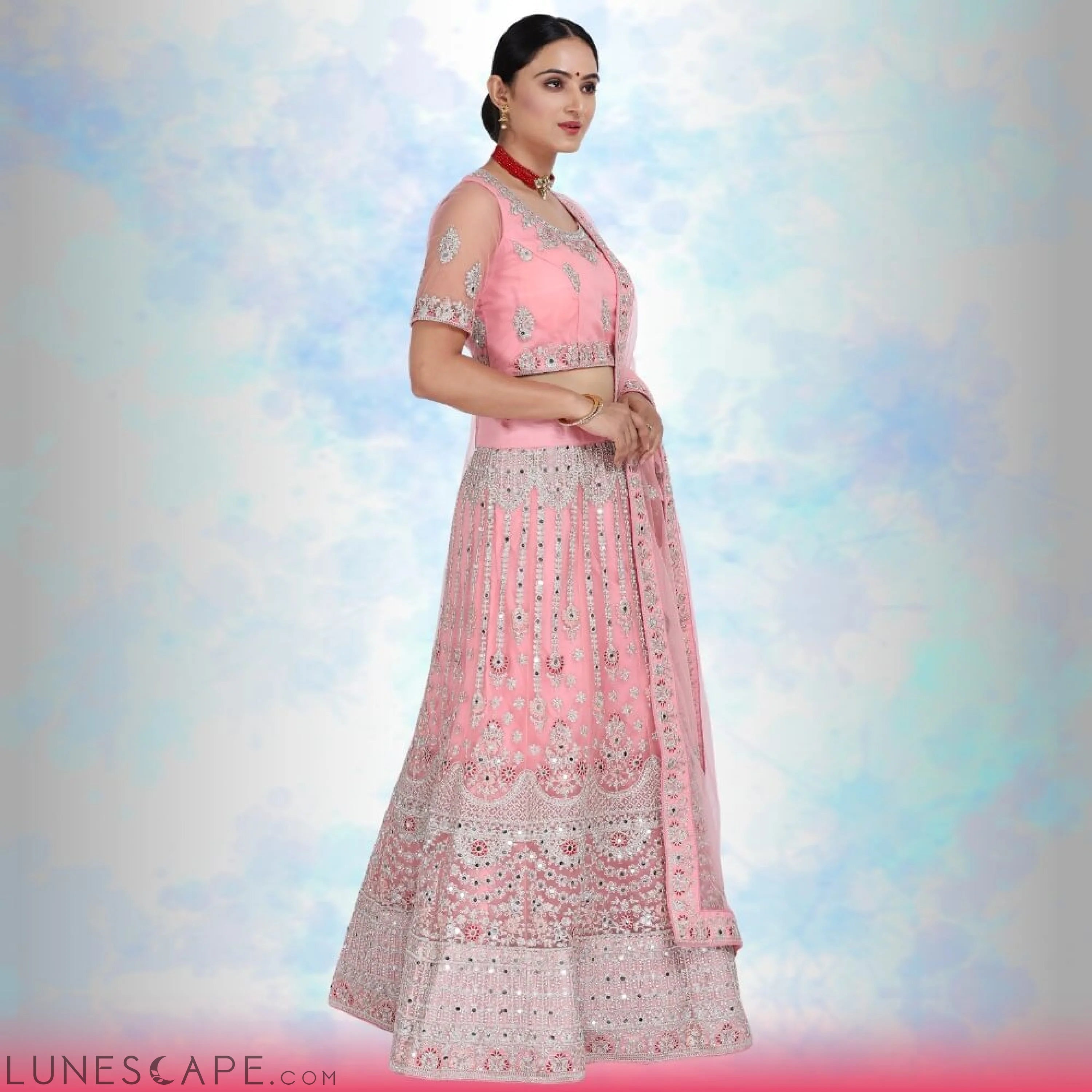 Mirror Work Lehenga Choli - Pink LUNESCAPE
