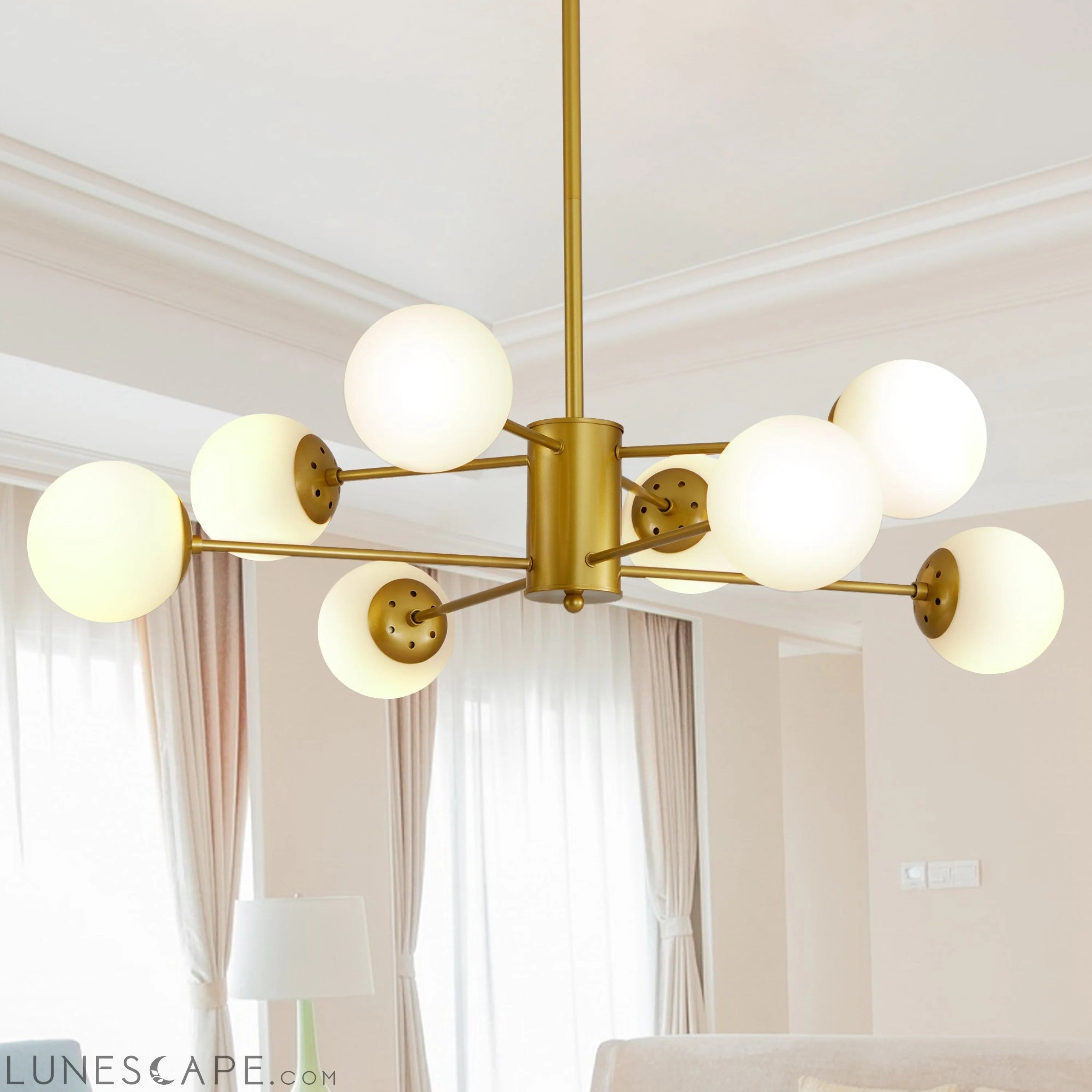 Modern 8-Light Gold Chandelier with White Glass Globe Shades, LUNESCAPE