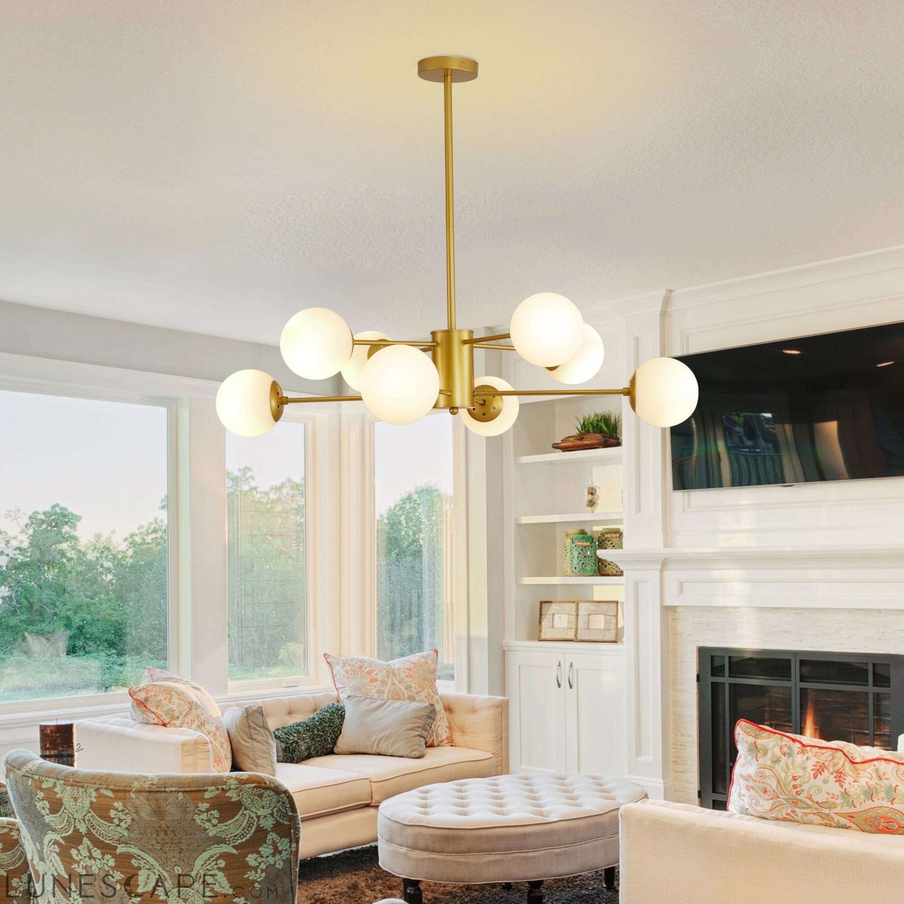 Modern 8-Light Gold Chandelier with White Glass Globe Shades, LUNESCAPE