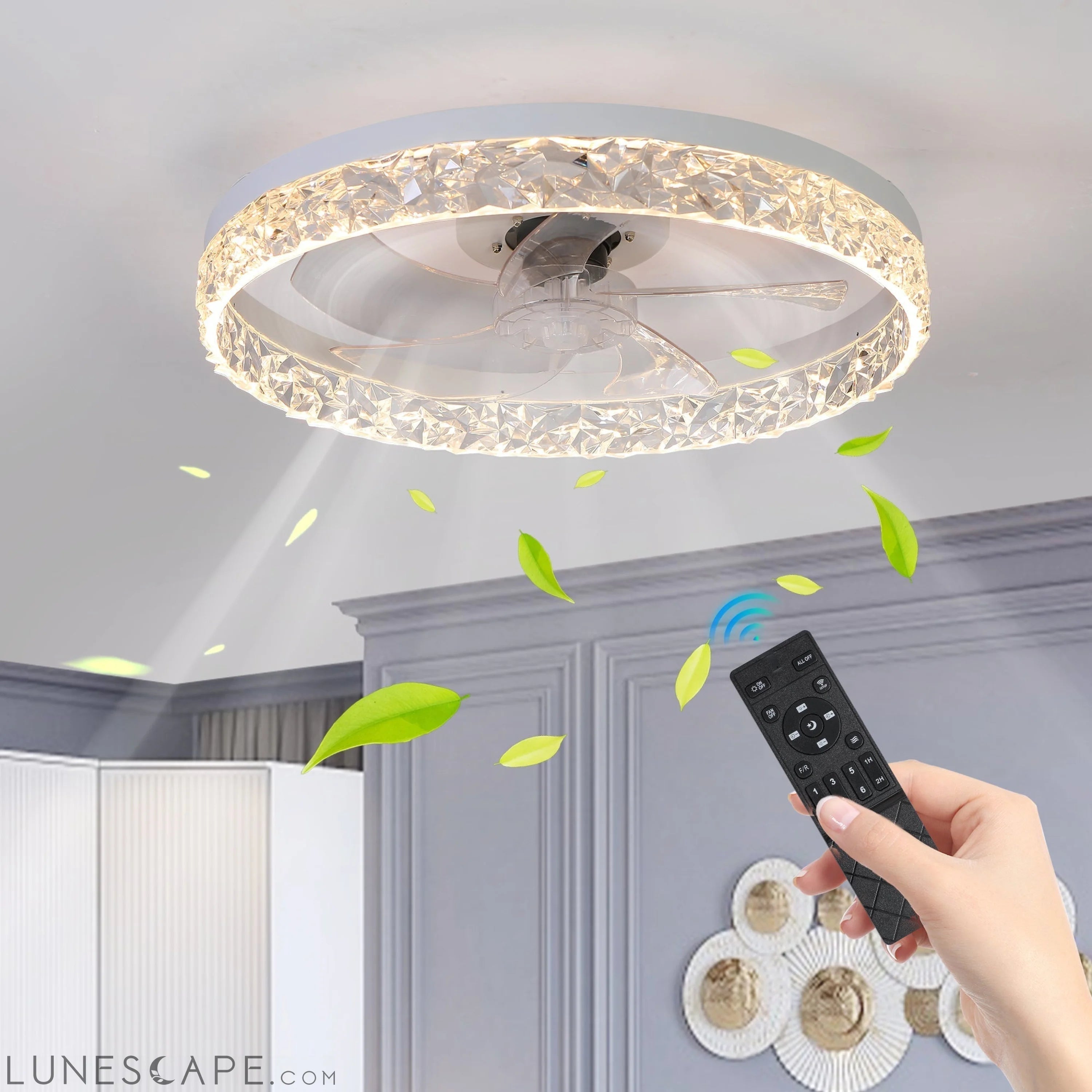 Modern Ceiling Fan Light with Remote Control, Dimmable LED LUNESCAPE