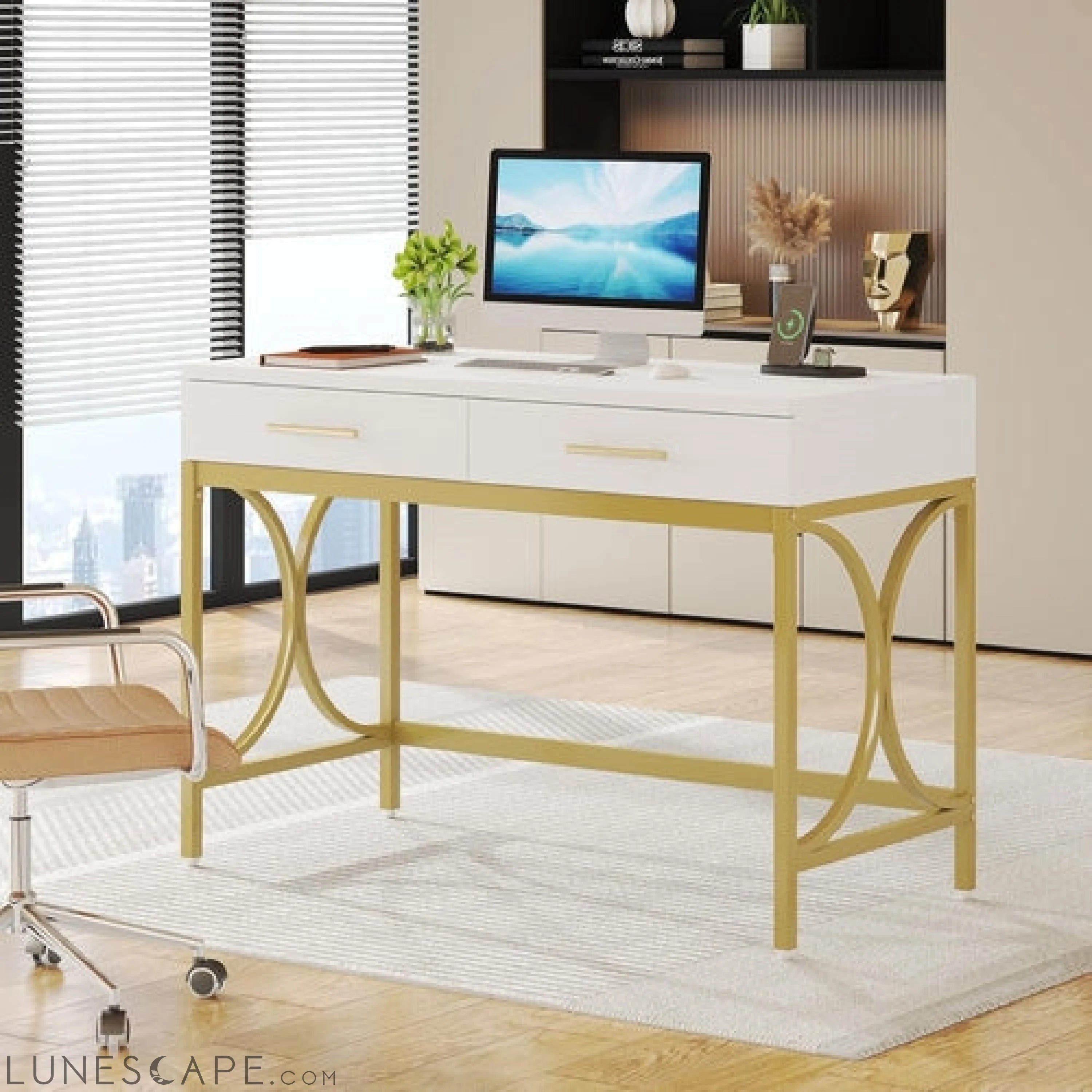 Modern Computer Desk with 2 Drawers, 41 Inches Study Writing Office LUNESCAPE