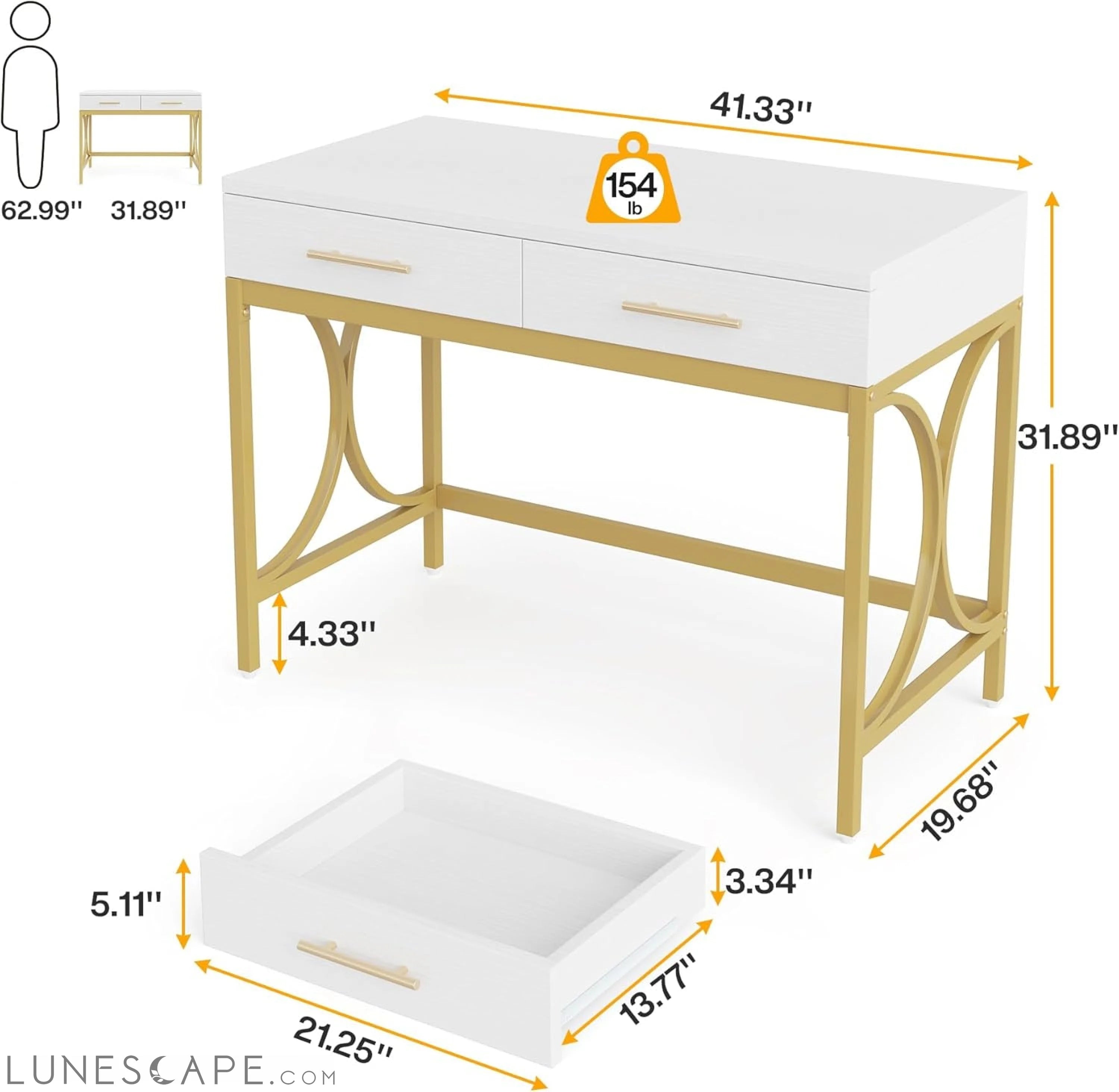 Modern Computer Desk with 2 Drawers, 41 Inches Study Writing Office LUNESCAPE