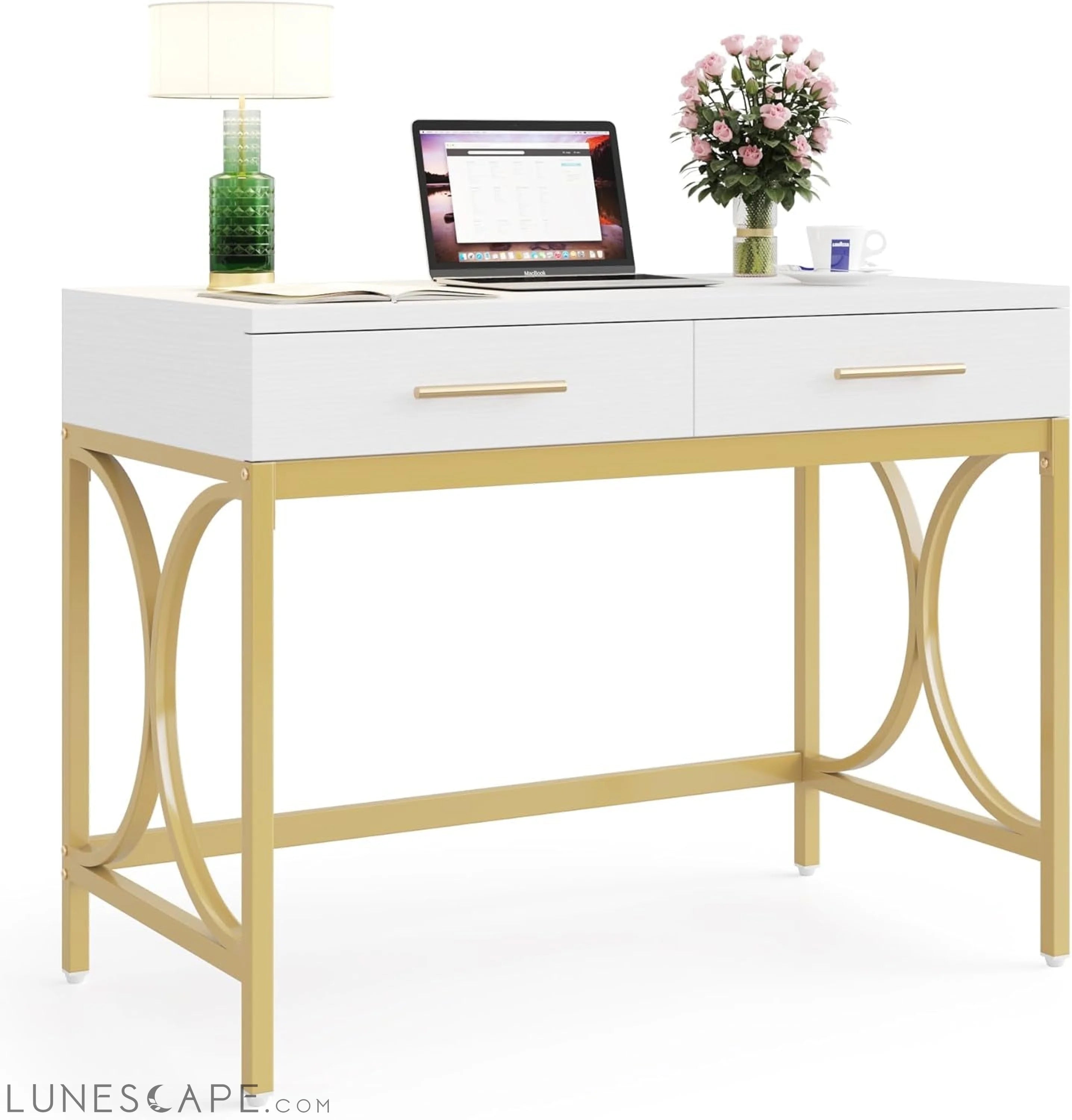 Modern Computer Desk with 2 Drawers, 41 Inches Study Writing Office LUNESCAPE