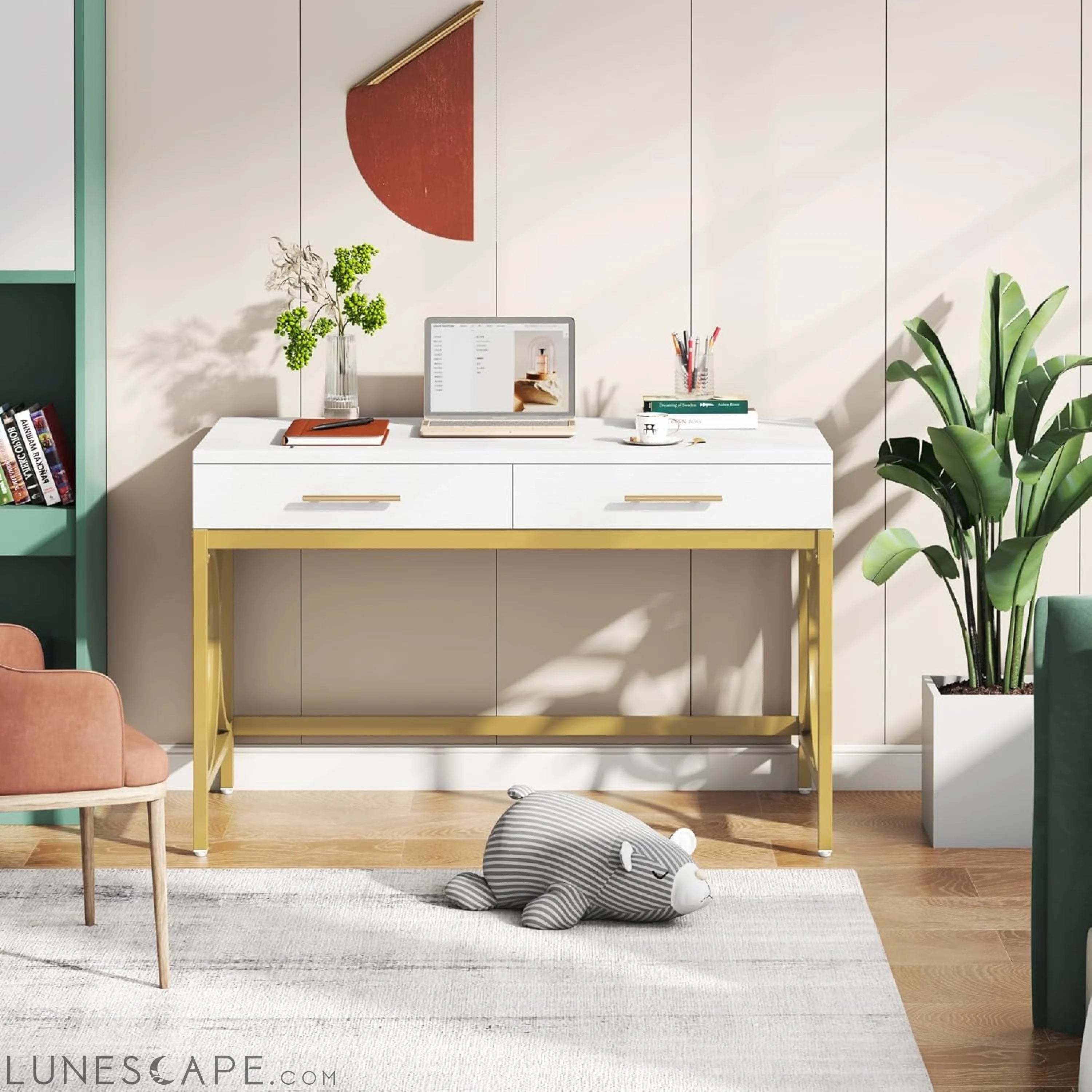Modern Computer Desk with 2 Drawers, 41 Inches Study Writing Office LUNESCAPE