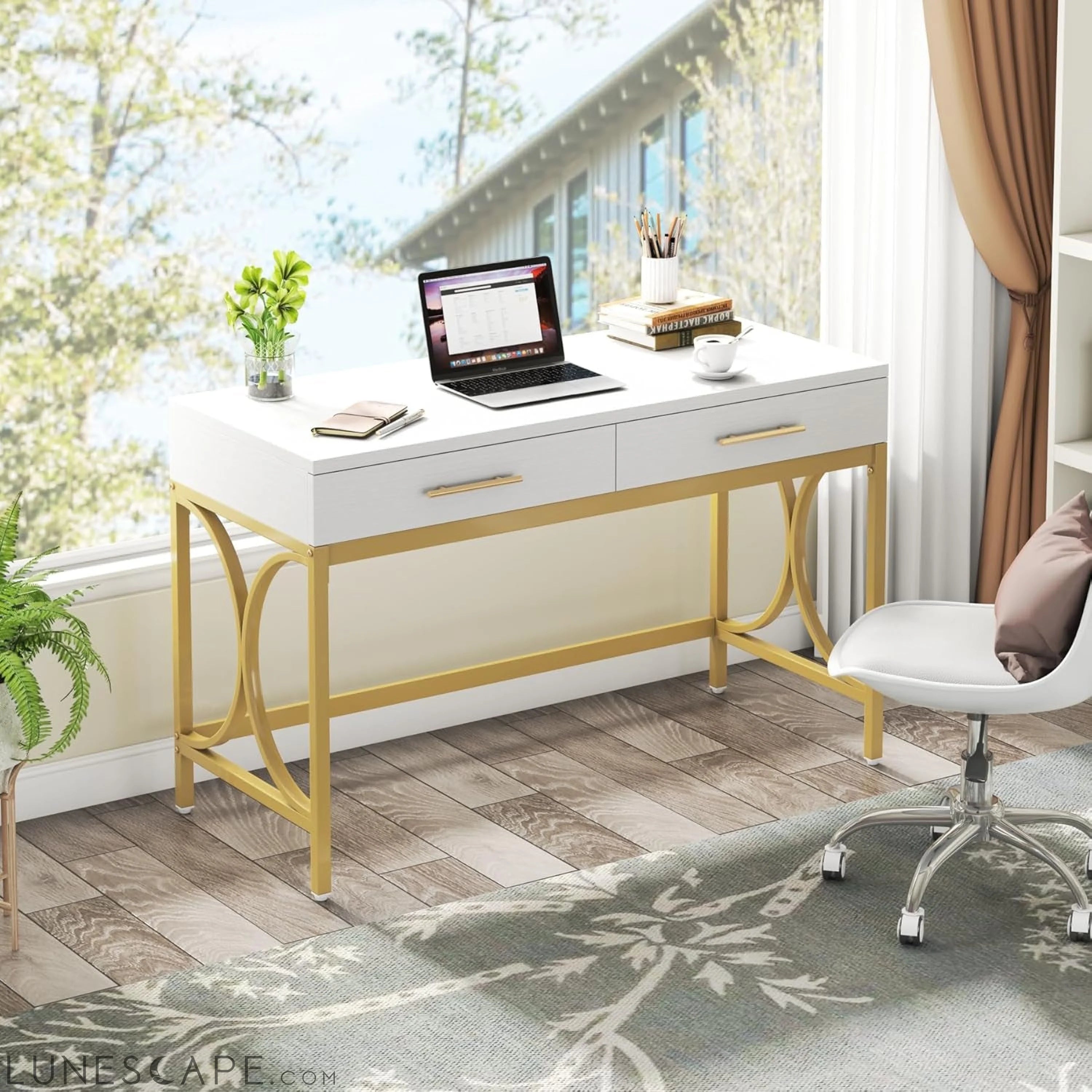 Modern Computer Desk with 2 Drawers, 41 Inches Study Writing Office LUNESCAPE