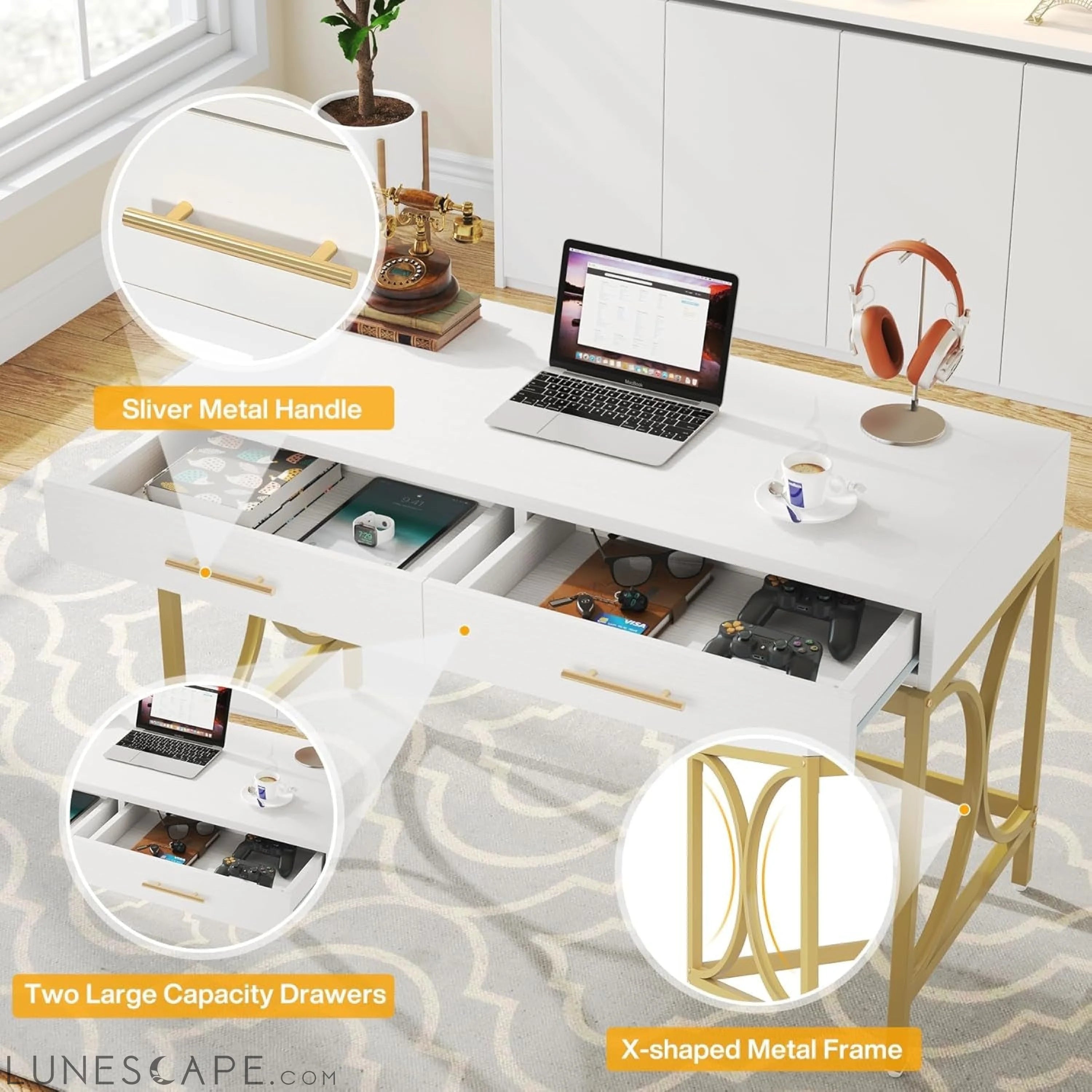 Modern Computer Desk with 2 Drawers, 41 Inches Study Writing Office LUNESCAPE