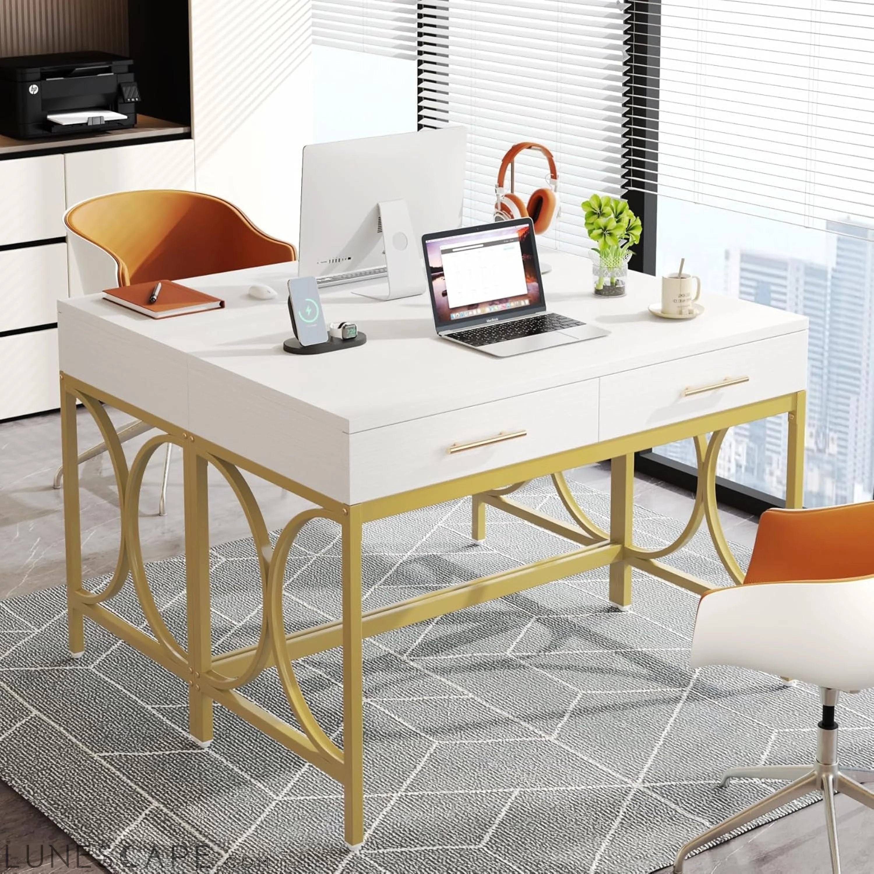 Modern Computer Desk with 2 Drawers, 41 Inches Study Writing Office LUNESCAPE