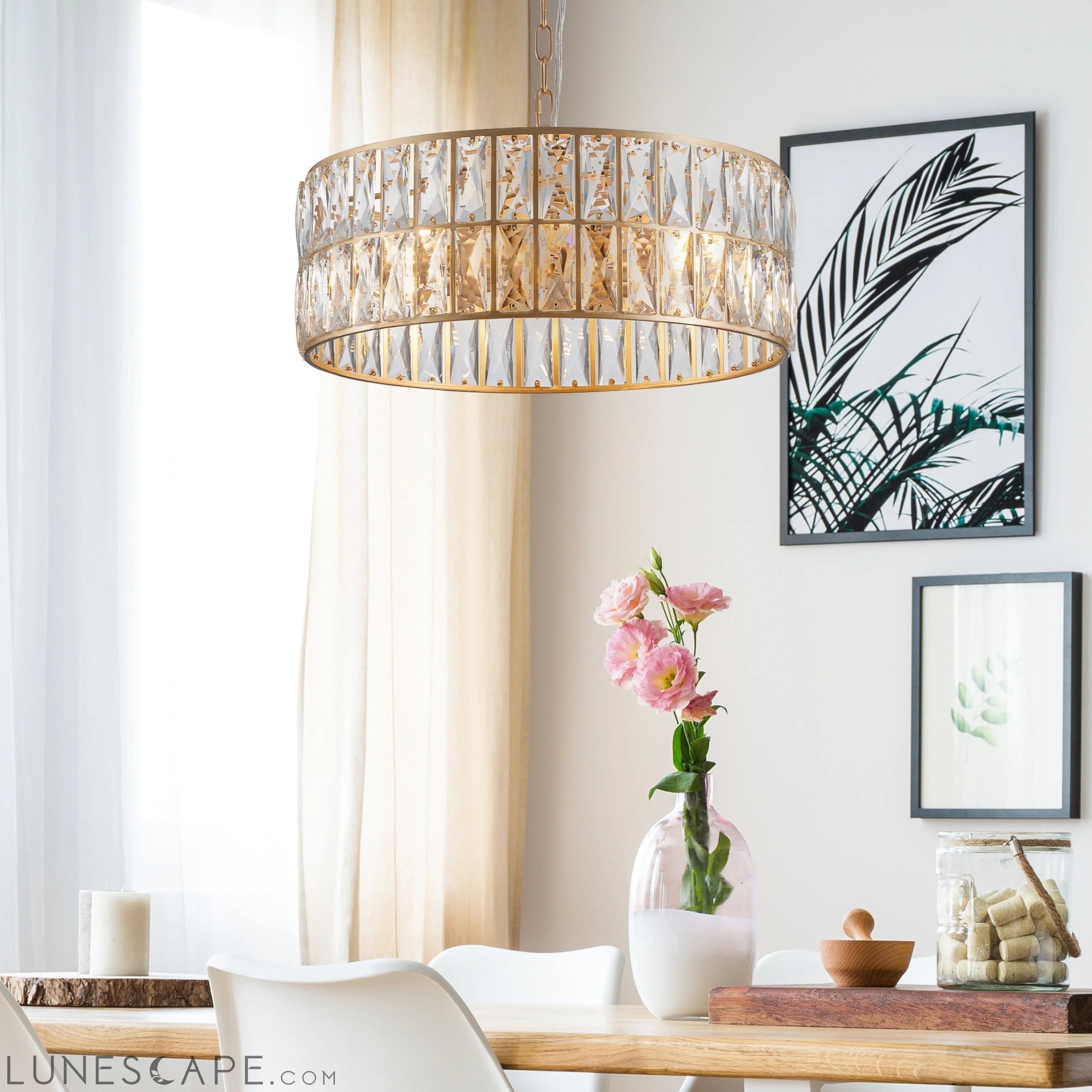 Modern Crystal Drum Chandelier, 6-Light Pendant Lighting Fixture with LUNESCAPE