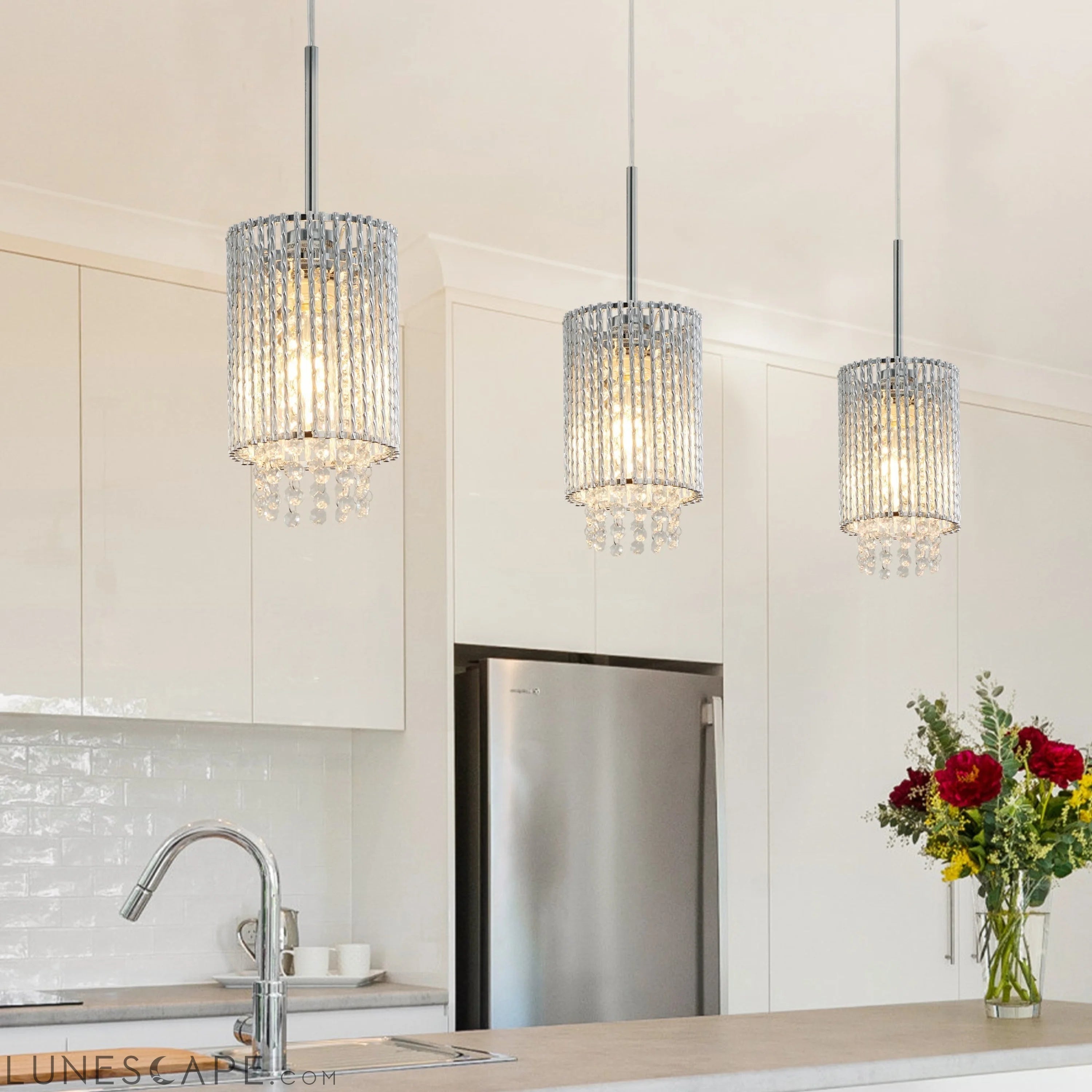 Modern Crystal Pendant Light 3-Pack Adjustable Chrome Chandelier LUNESCAPE
