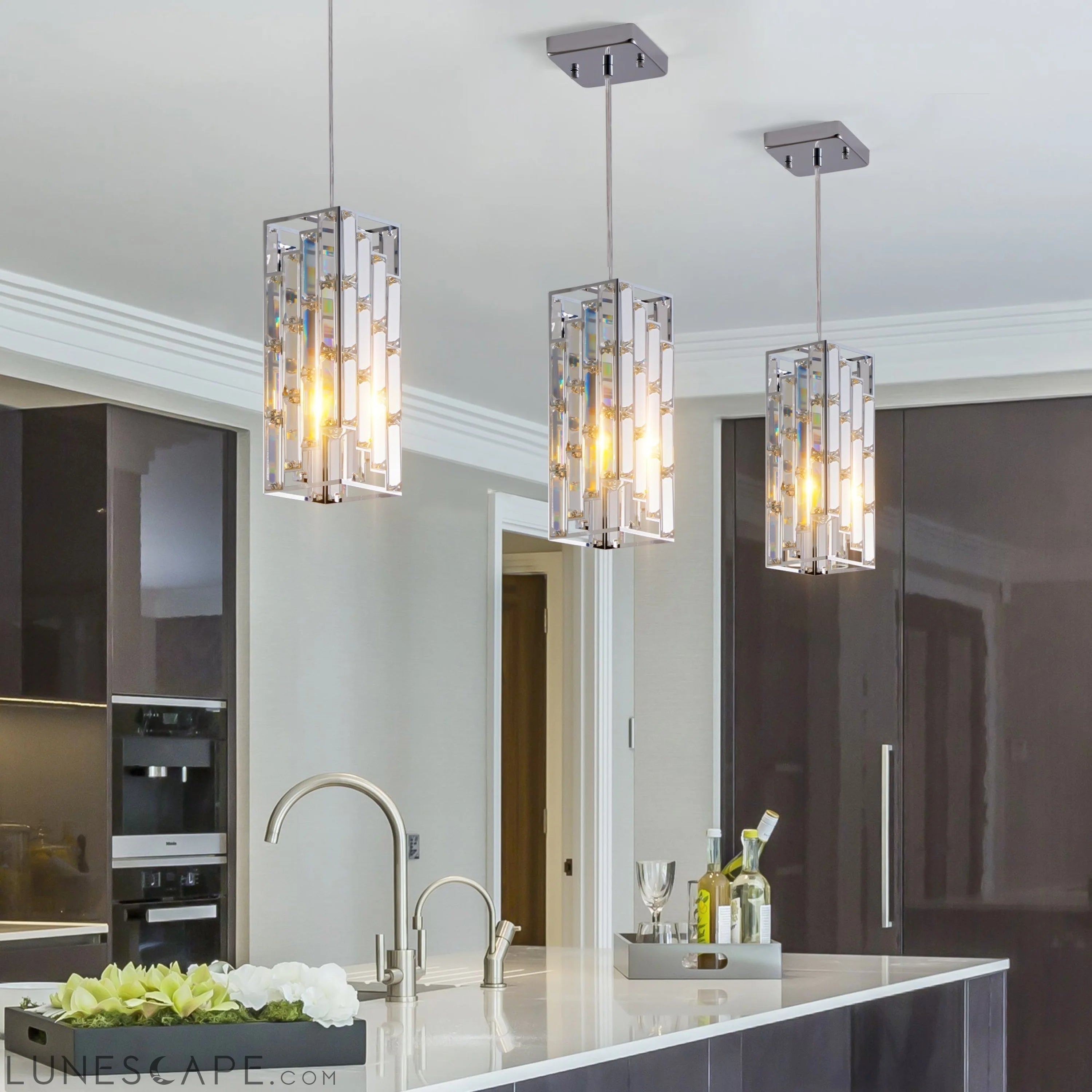 Modern Crystal Pendant Light - 3 Pack, Adjustable Hanging Ceiling Lamp LUNESCAPE