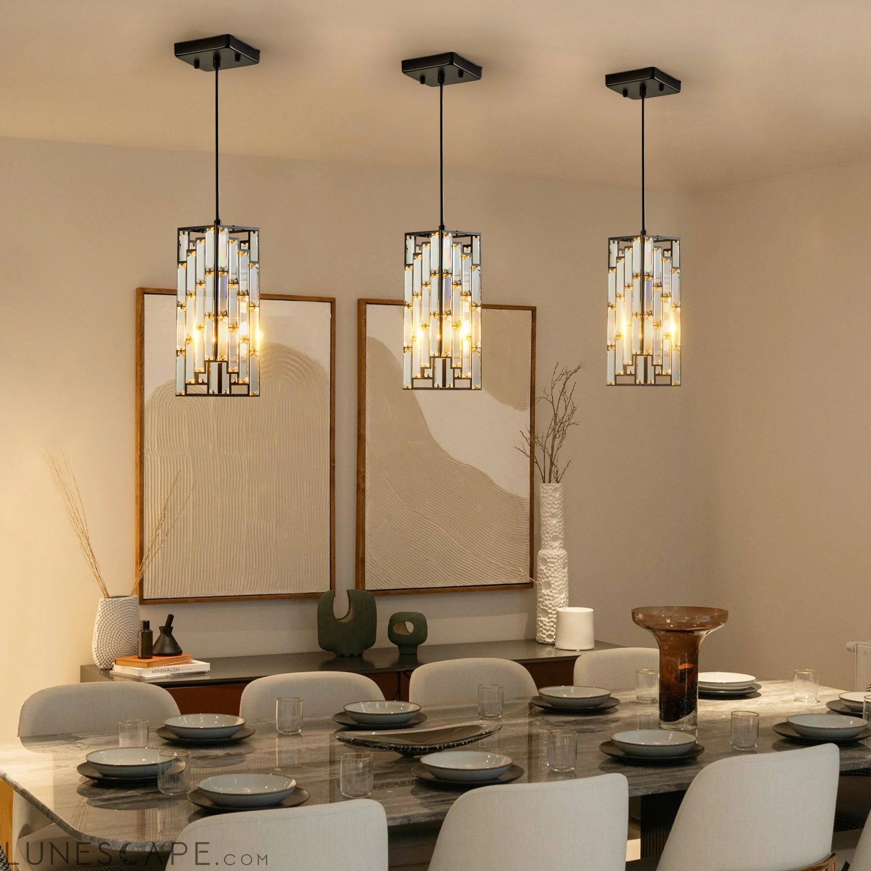 Modern Crystal Pendant Light - 3 Pack, Adjustable Hanging Ceiling Lamp LUNESCAPE