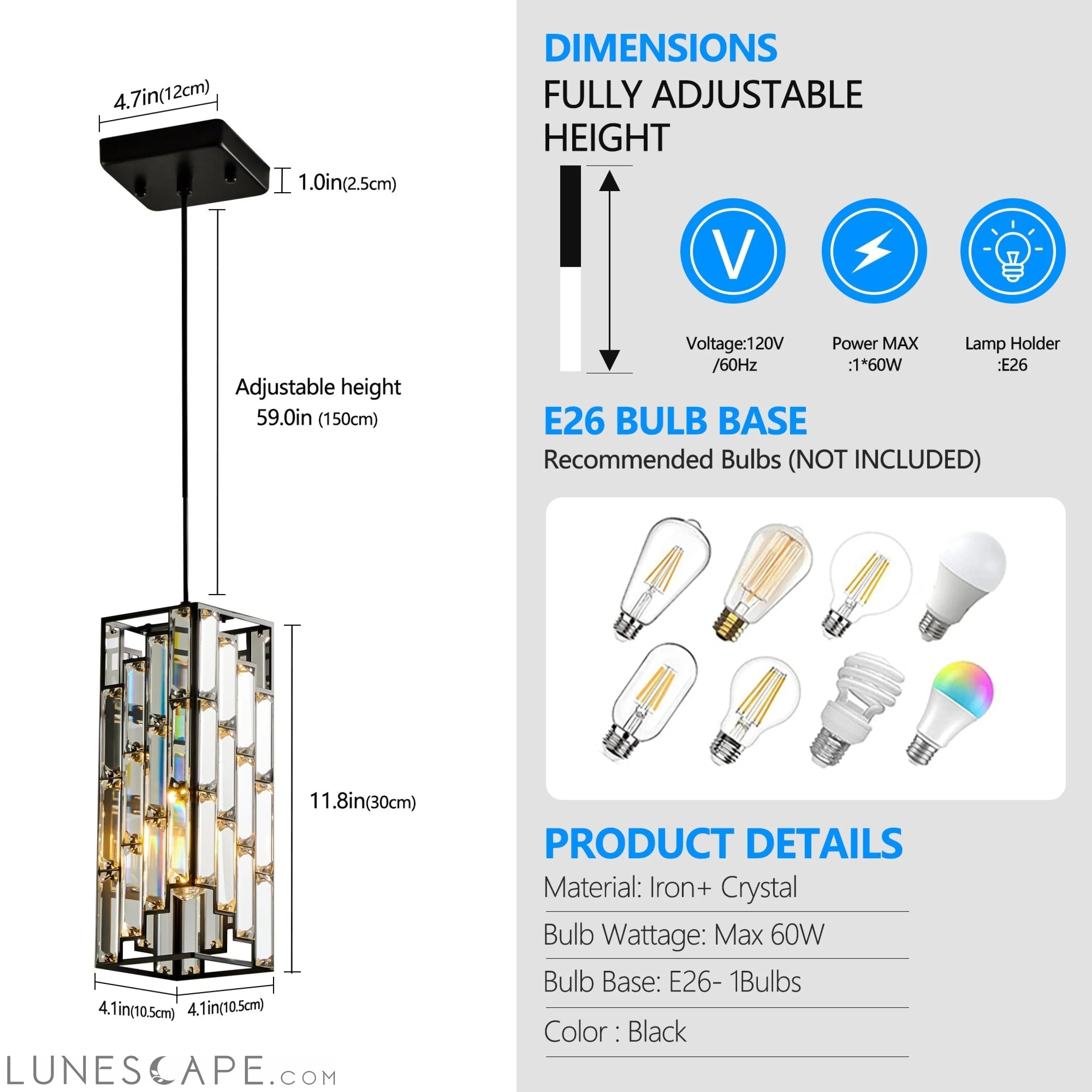Modern Crystal Pendant Light - 3 Pack, Adjustable Hanging Ceiling Lamp LUNESCAPE