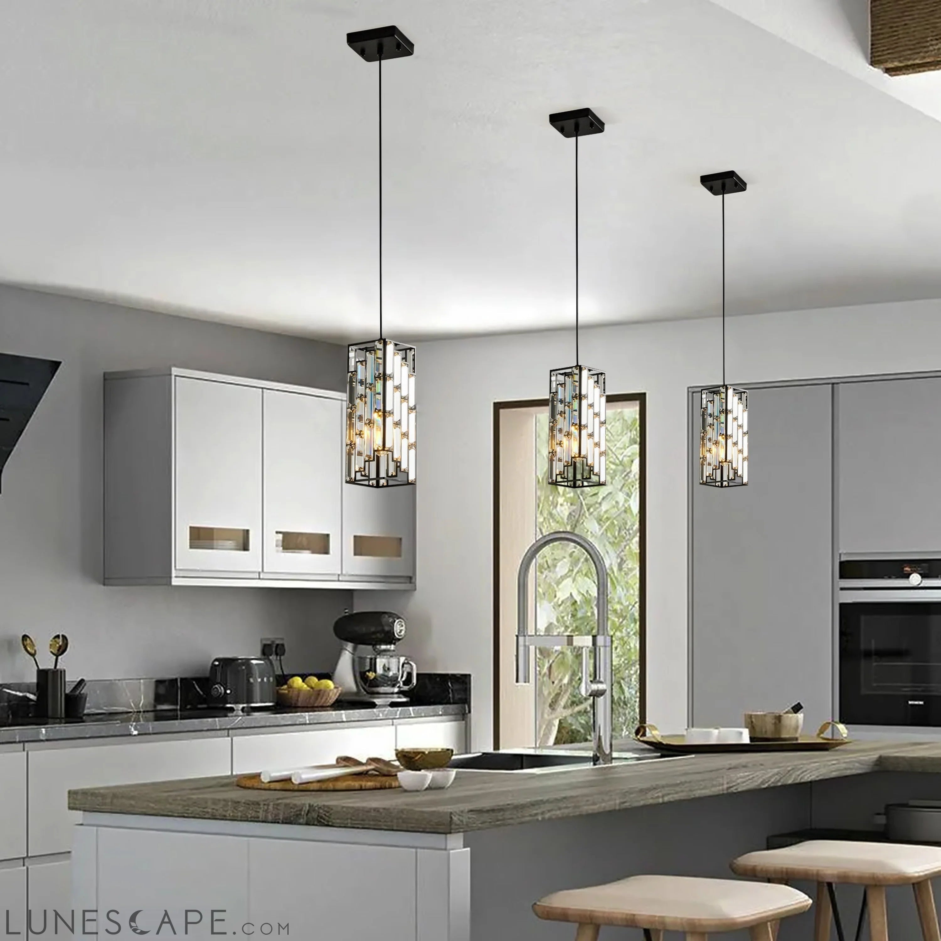 Modern Crystal Pendant Light - 3 Pack, Adjustable Hanging Ceiling Lamp LUNESCAPE