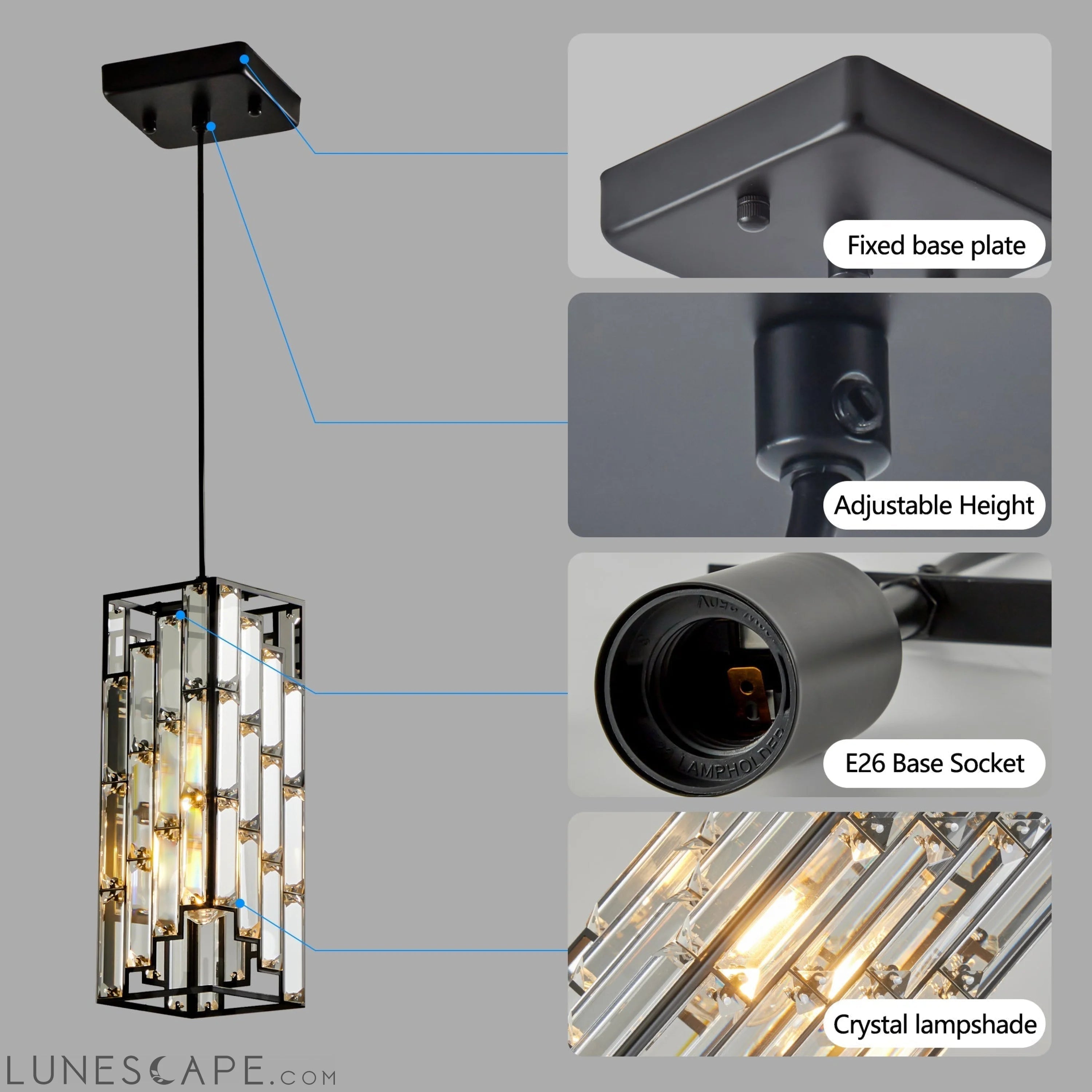 Modern Crystal Pendant Light - 3 Pack, Adjustable Hanging Ceiling Lamp LUNESCAPE