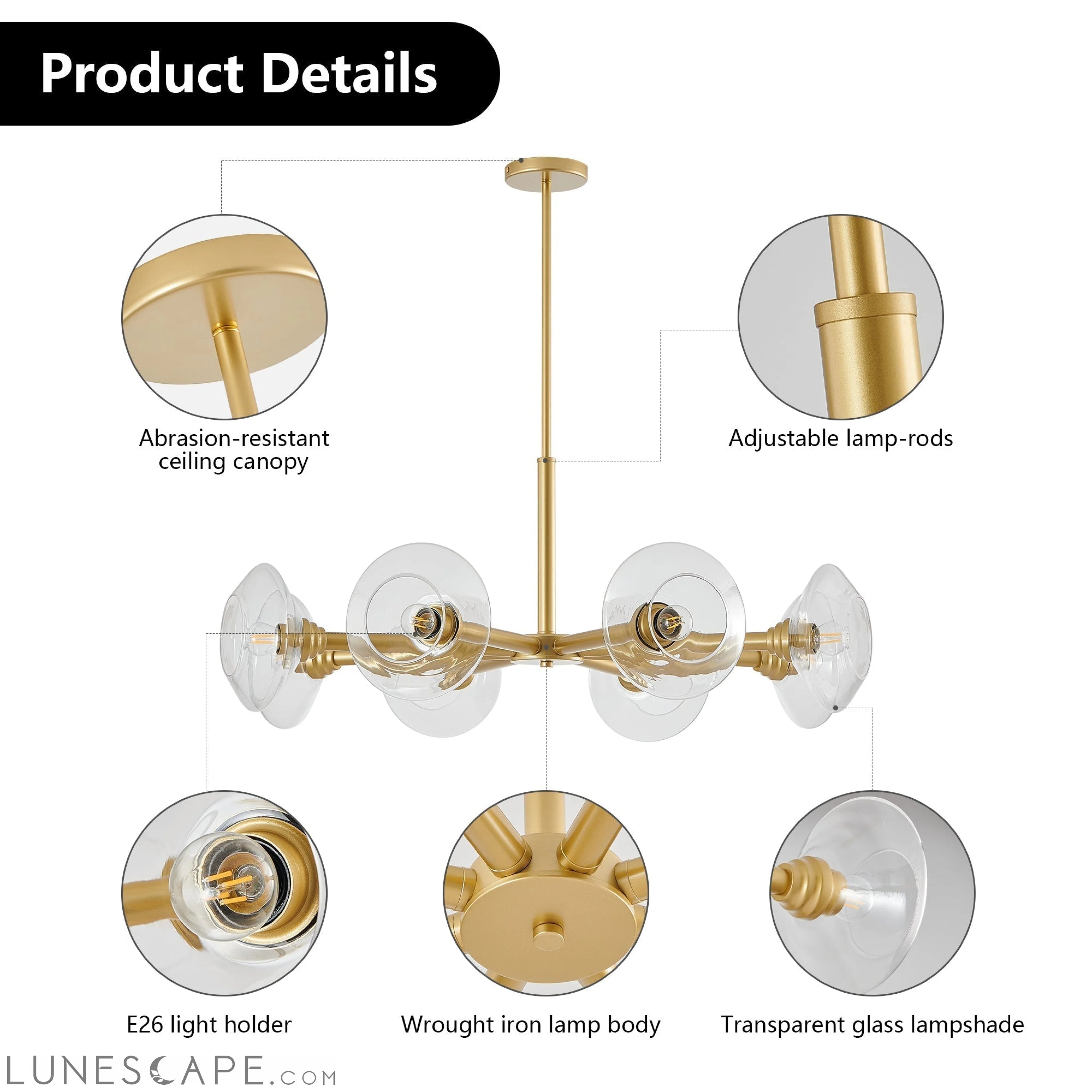 Modern Gold 8-Light Sputnik Chandelier with Clear Glass Shades LUNESCAPE