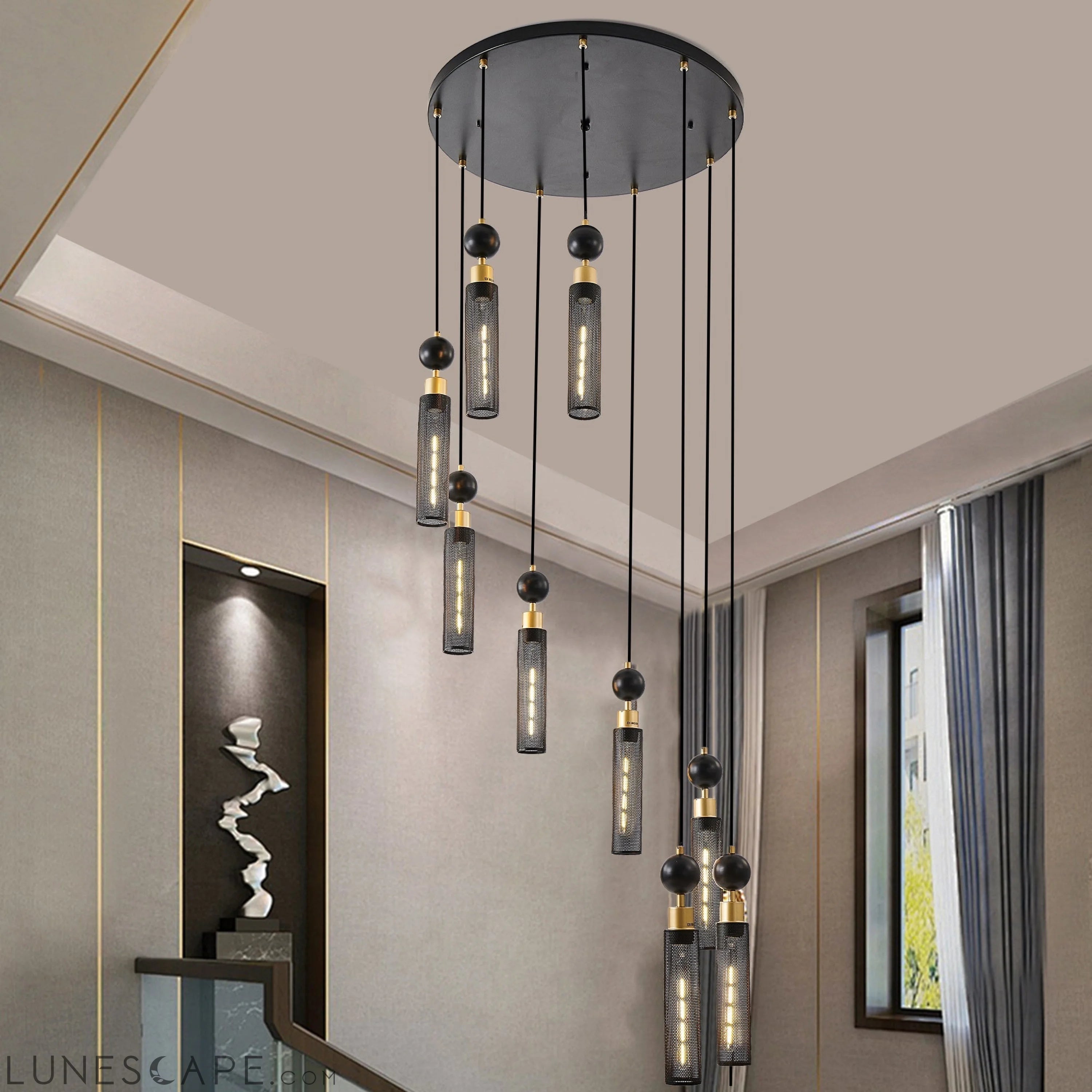 Modern Industrial Multi-Light Pendant Chandelier 9-Light Black & Gold LUNESCAPE